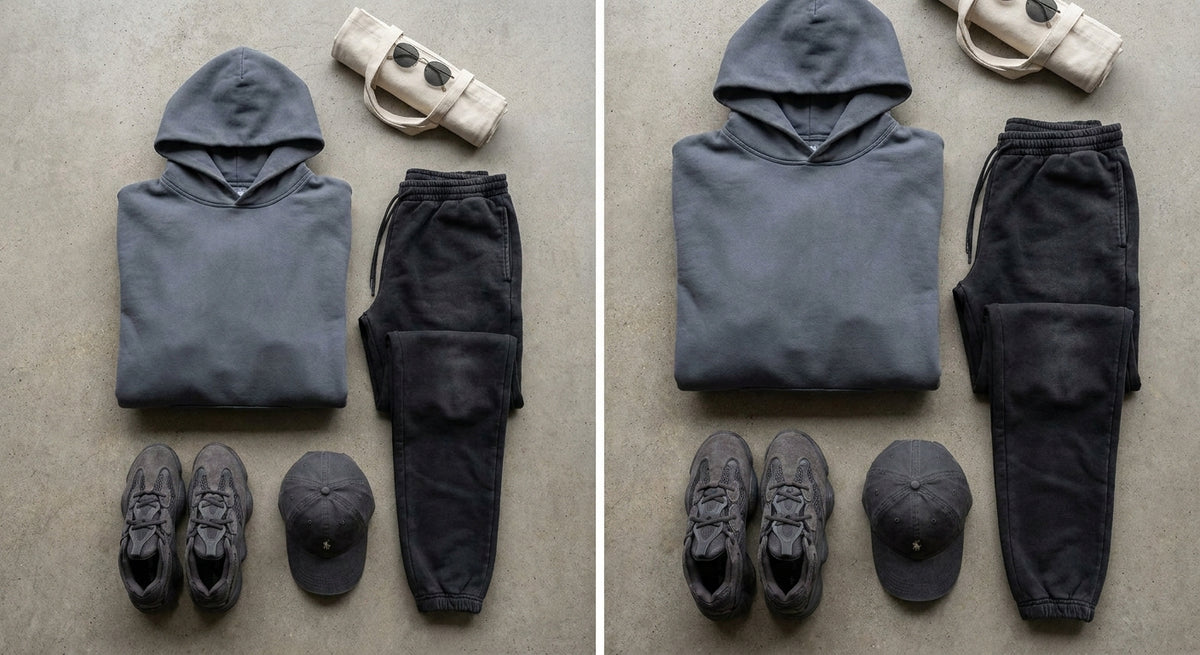 A flat lay of a coordinated streetwear hoodie and jogger set in grey and black tones, styled with sneakers and a cap on a concrete surface.