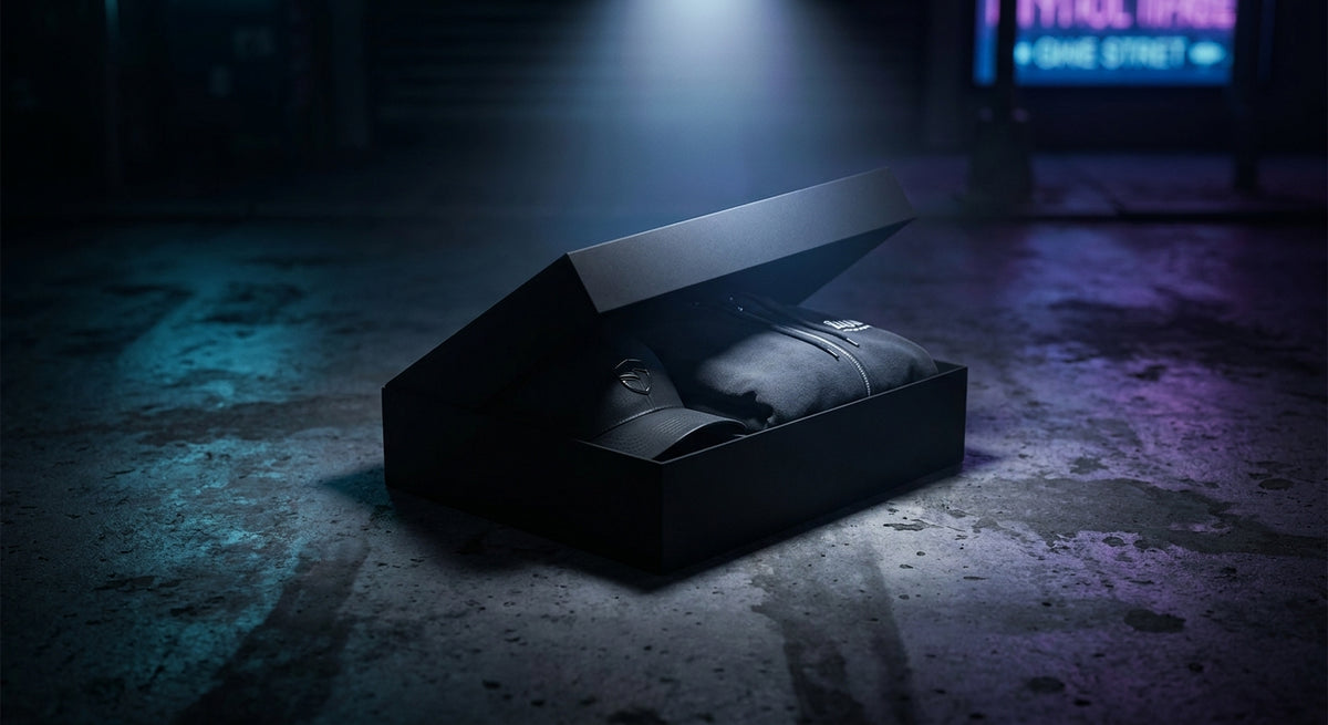 A partially open black mystery box on concrete revealing folded streetwear items, lit dramatically with cool neon tones.