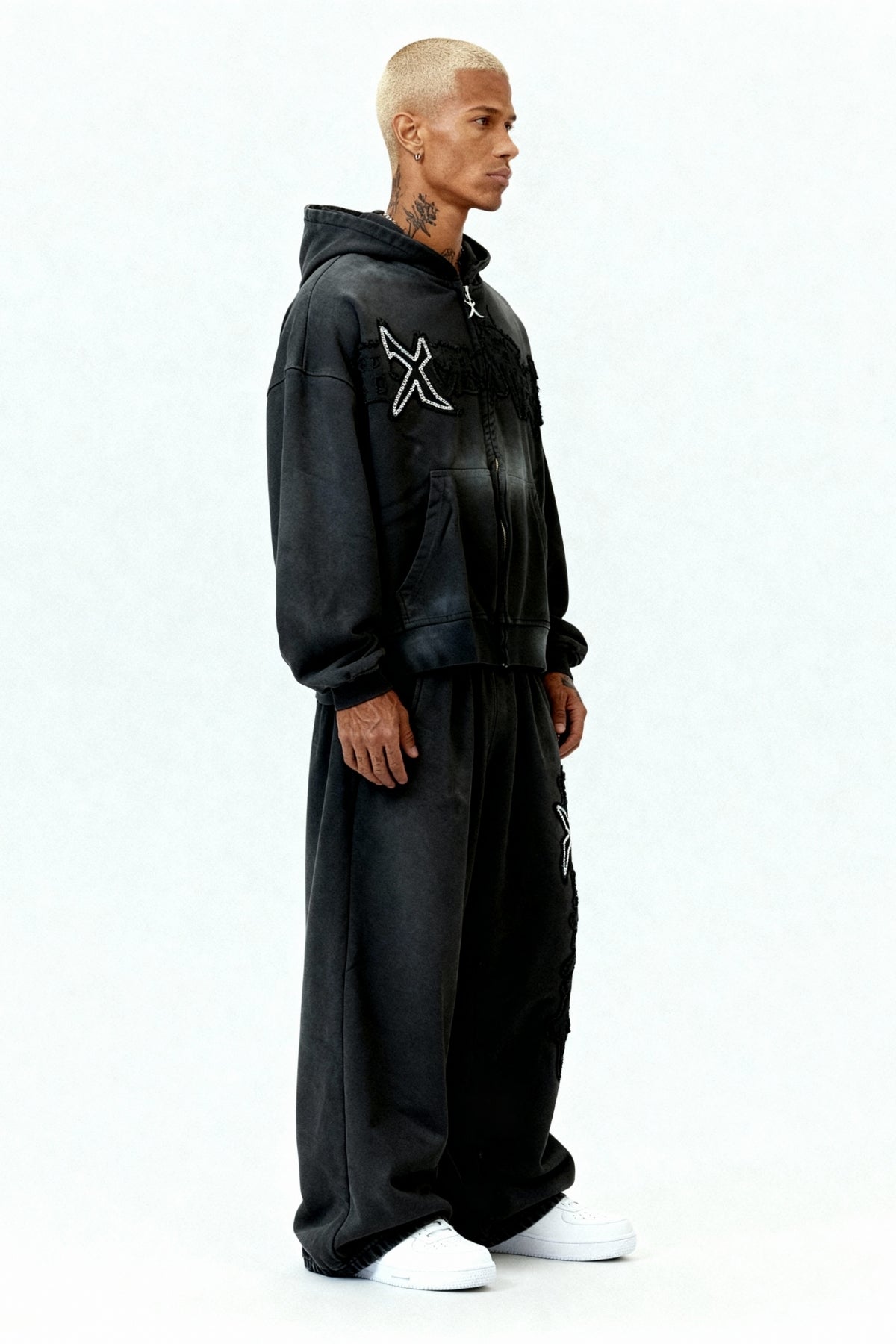 RHINESTONE ZIP HOODIE CARBON BLACK