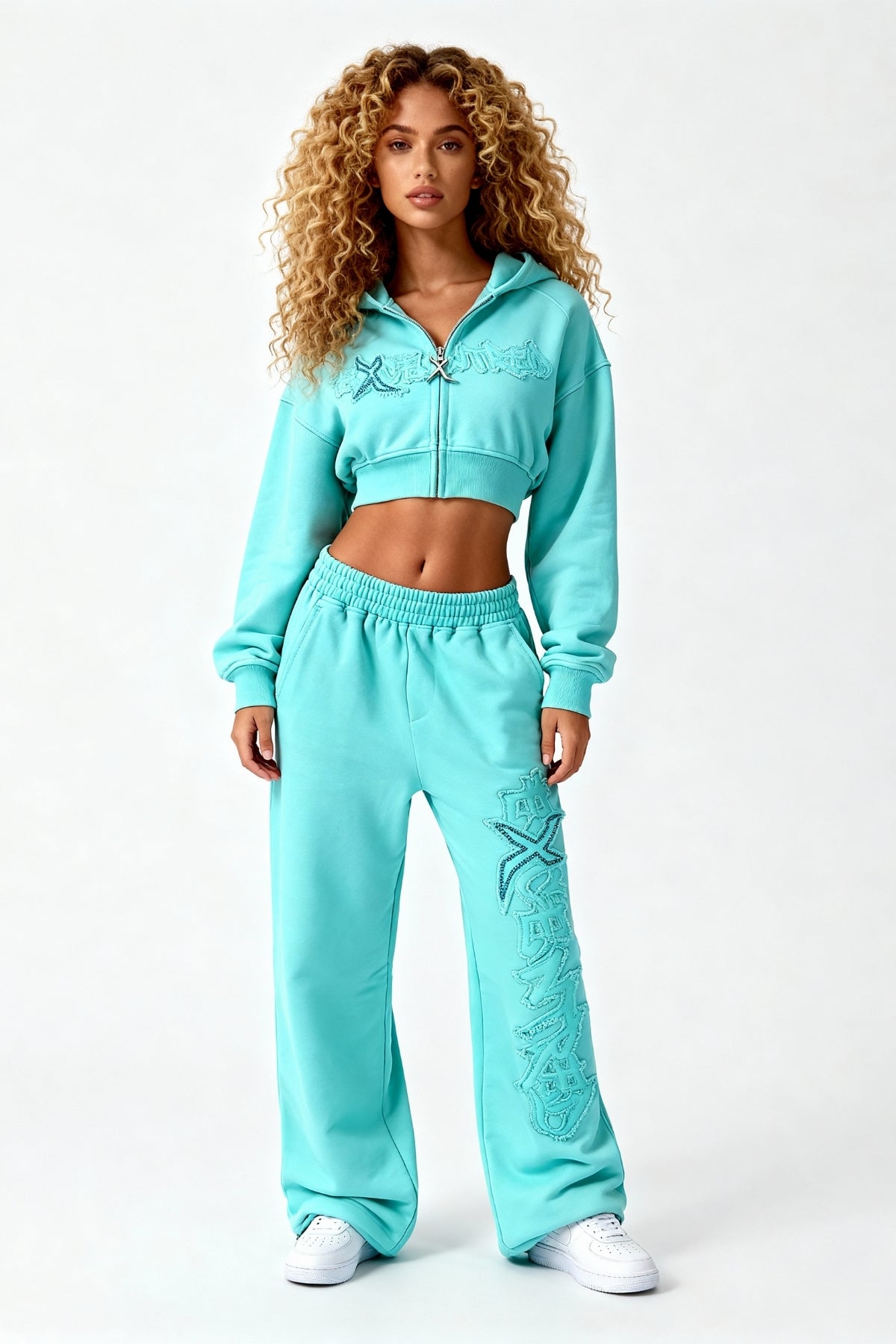 DISTRESSED CROPPED ZIP HOODIE CRYSTAL TIFFANY