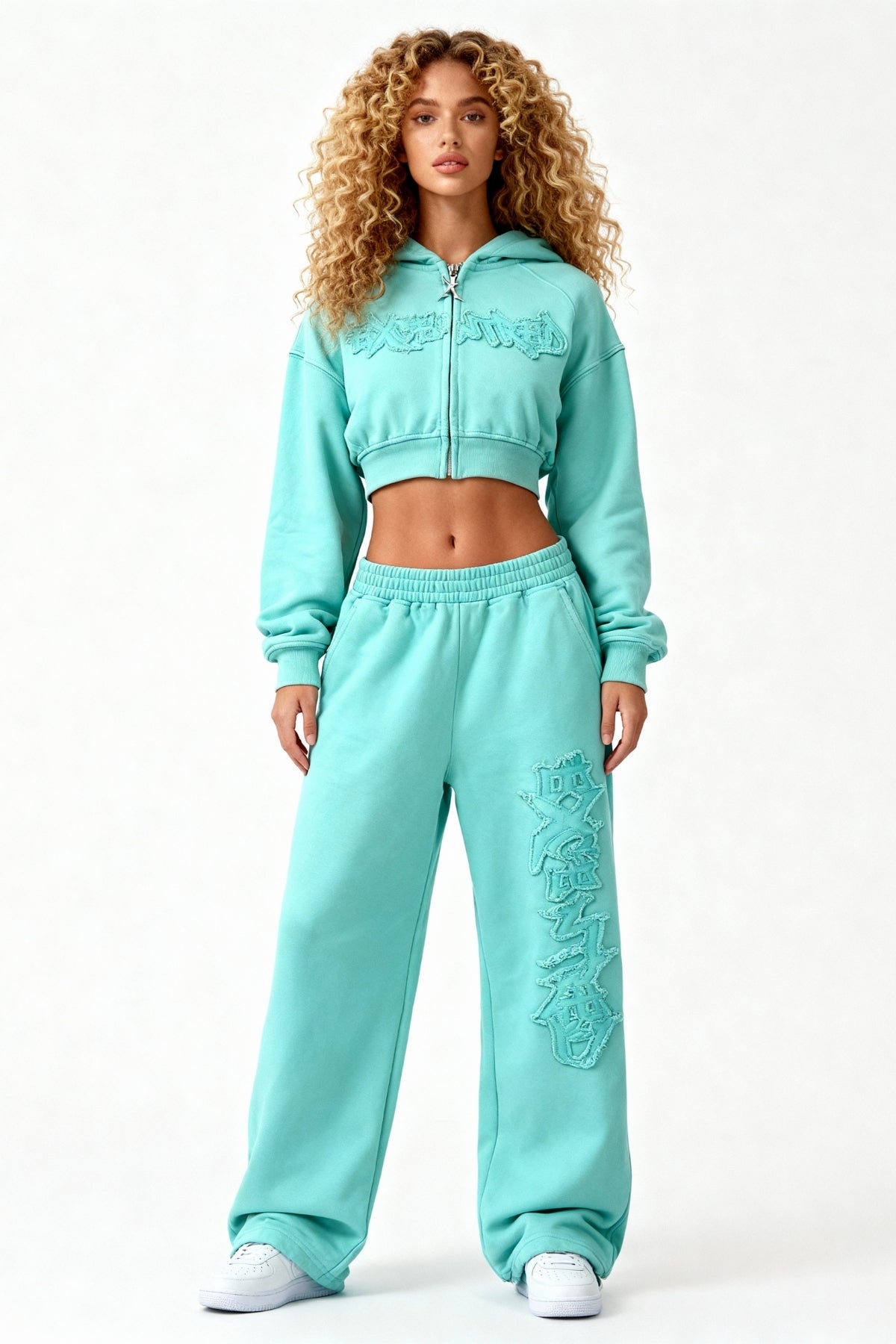 DISTRESSED CROPPED ZIP HOODIE CRYSTAL TIFFANY