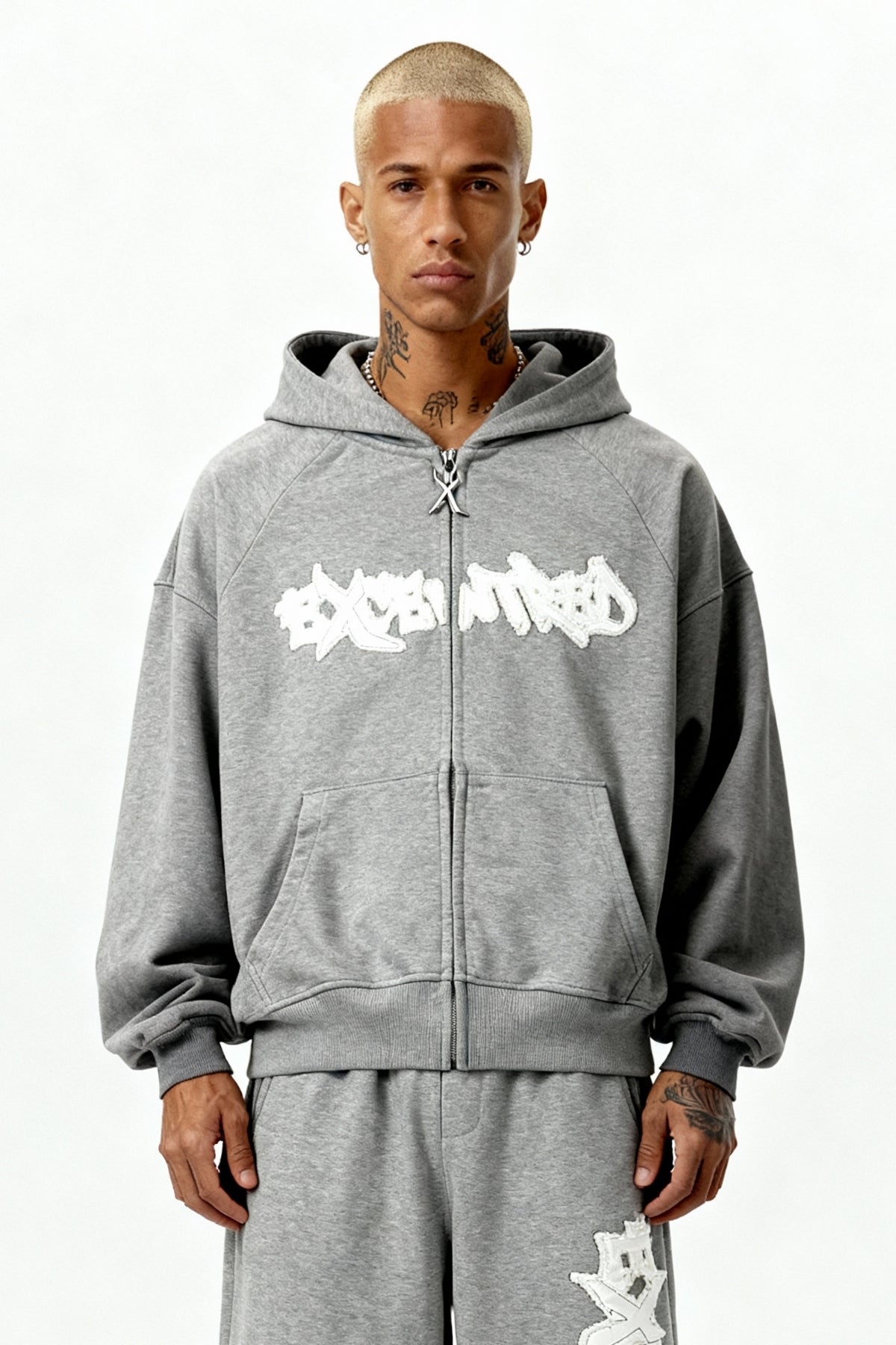 Distressed Zip Hoodie Smoke Grey – 450 g/m² | EXCENTRED®