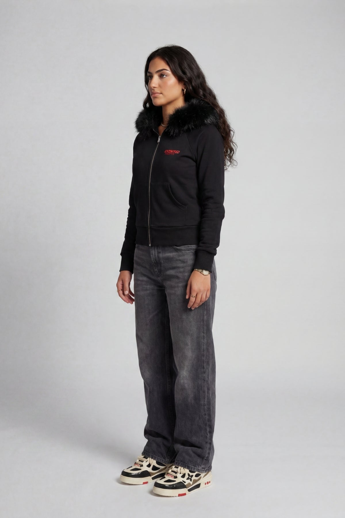UNIFORM WOMENS FUR ZIP HOODIE BLACK