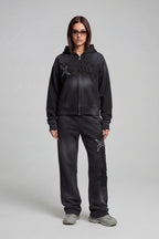 RHINESTONE ZIP HOODIE CARBON BLACK