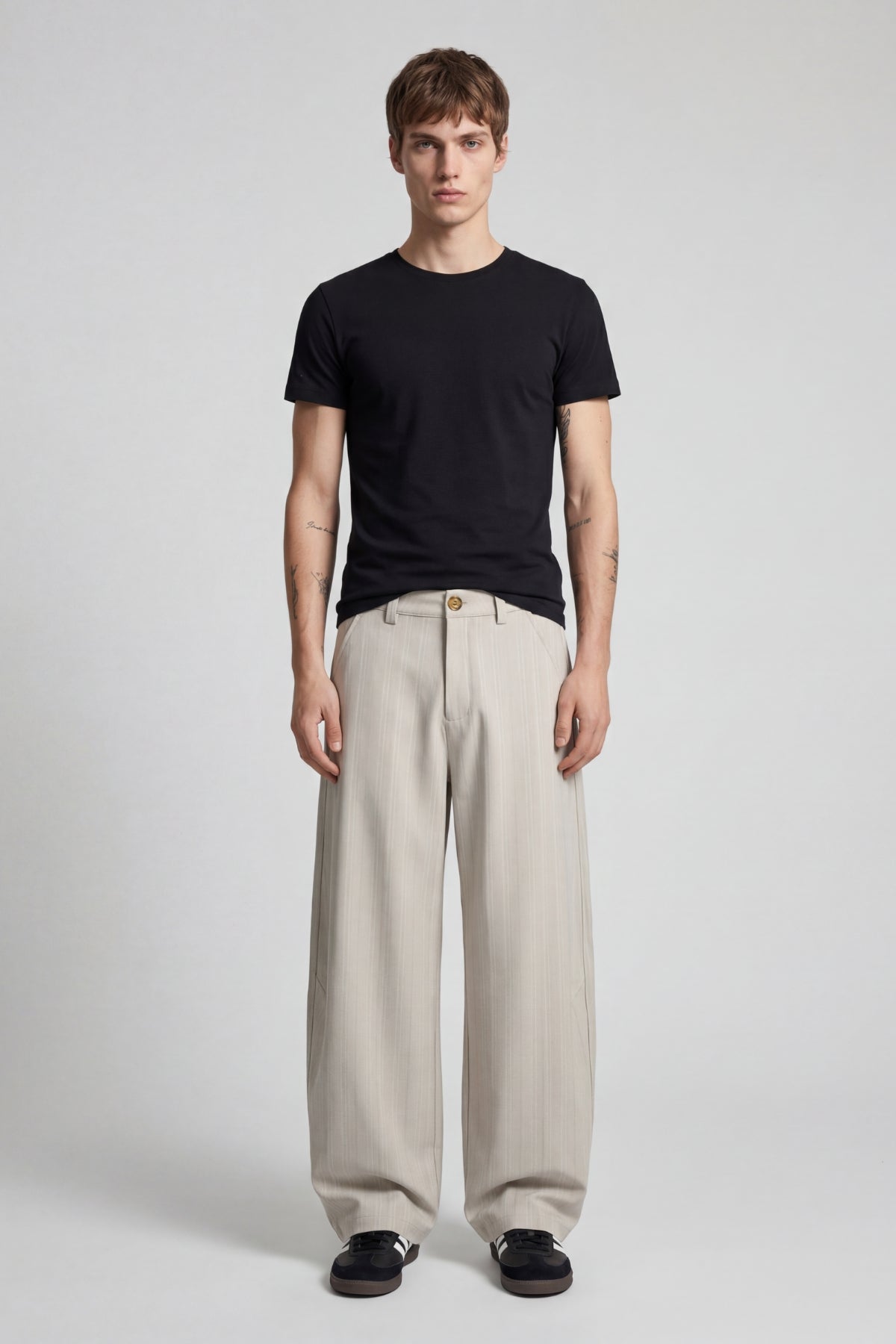 BEIGE PINSTRIPE WIDE LEG PANTS