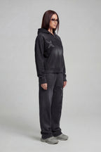 RHINESTONE ZIP HOODIE CARBON BLACK