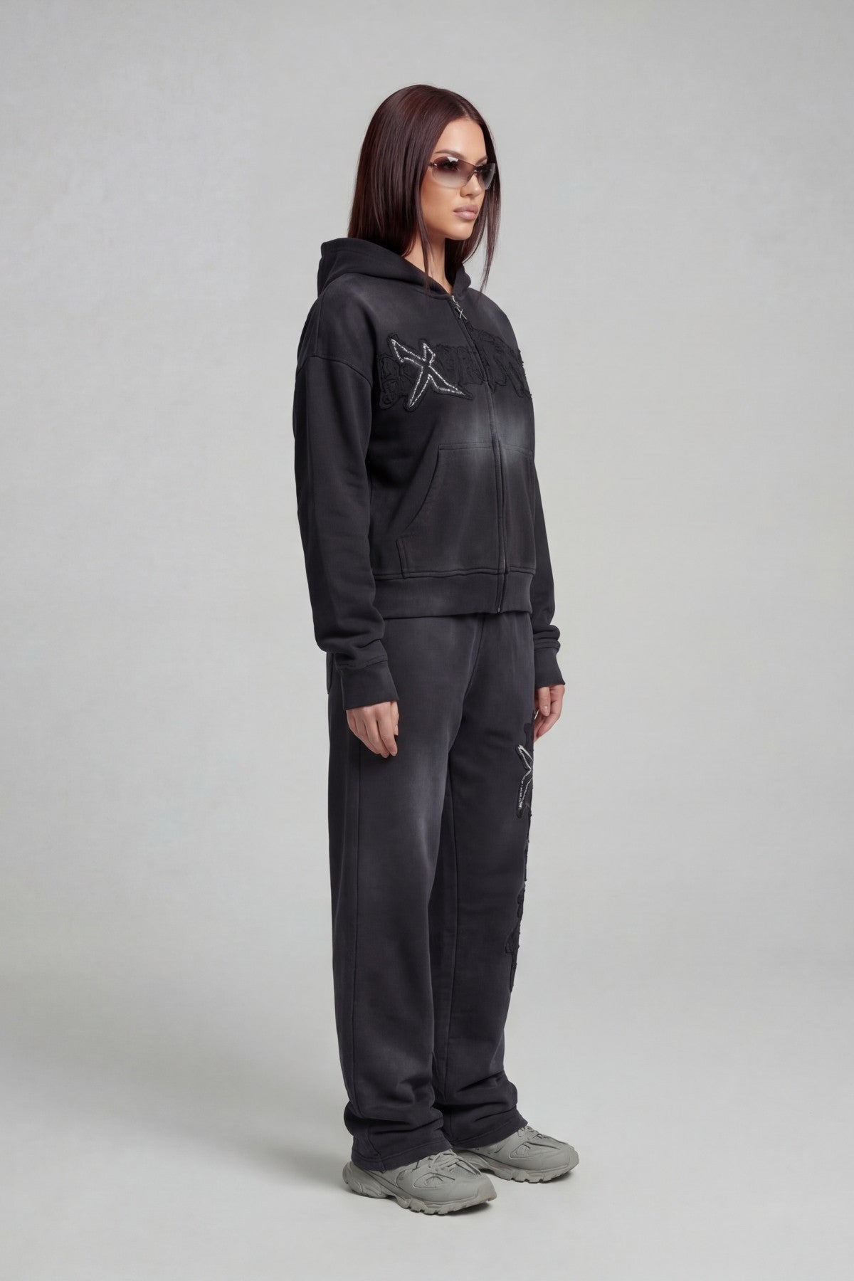 RHINESTONE ZIP HOODIE CARBON BLACK