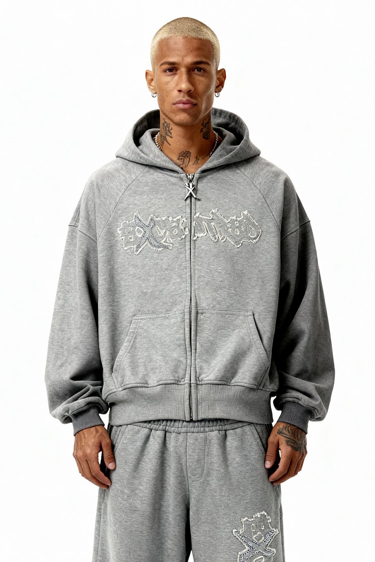 DISTRESSED ZIP HOODIE SMOKE GREY