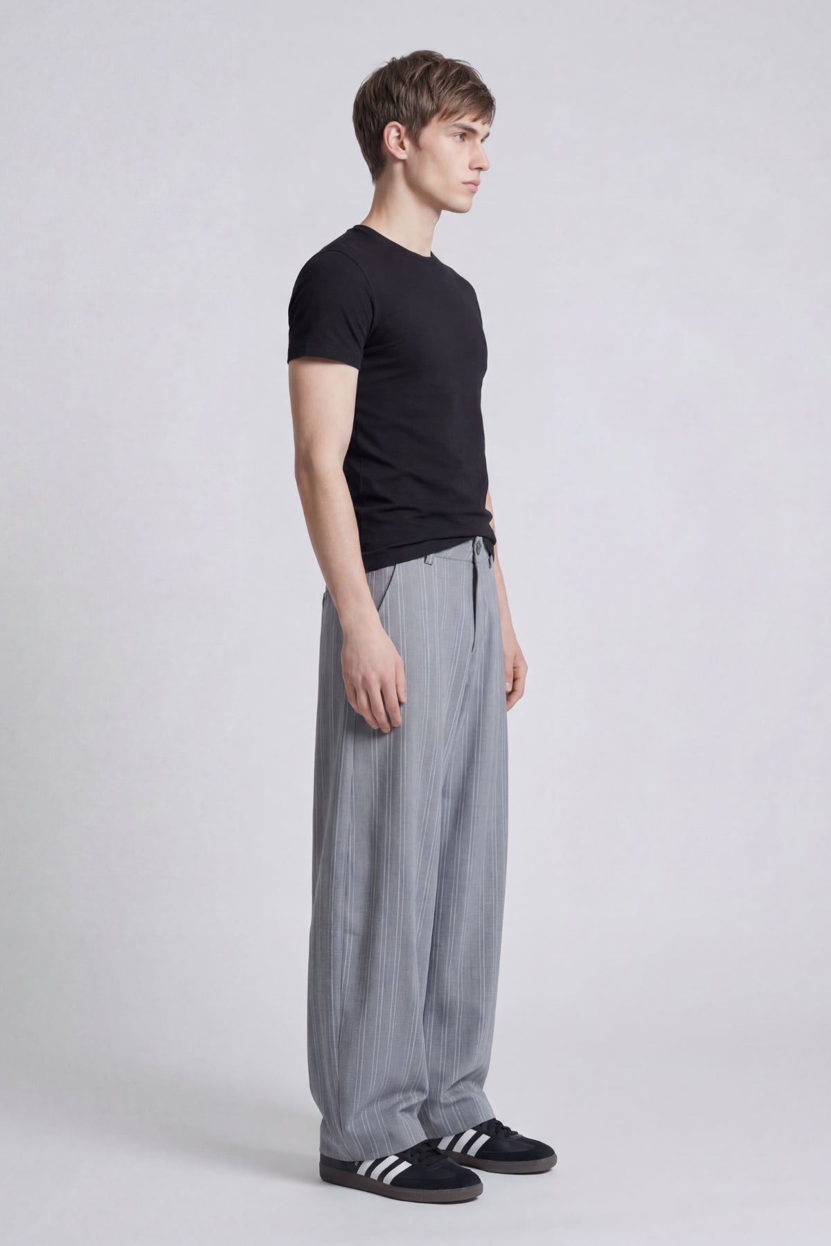 DARK GREY PINSTRIPE WIDE LEG PANTS