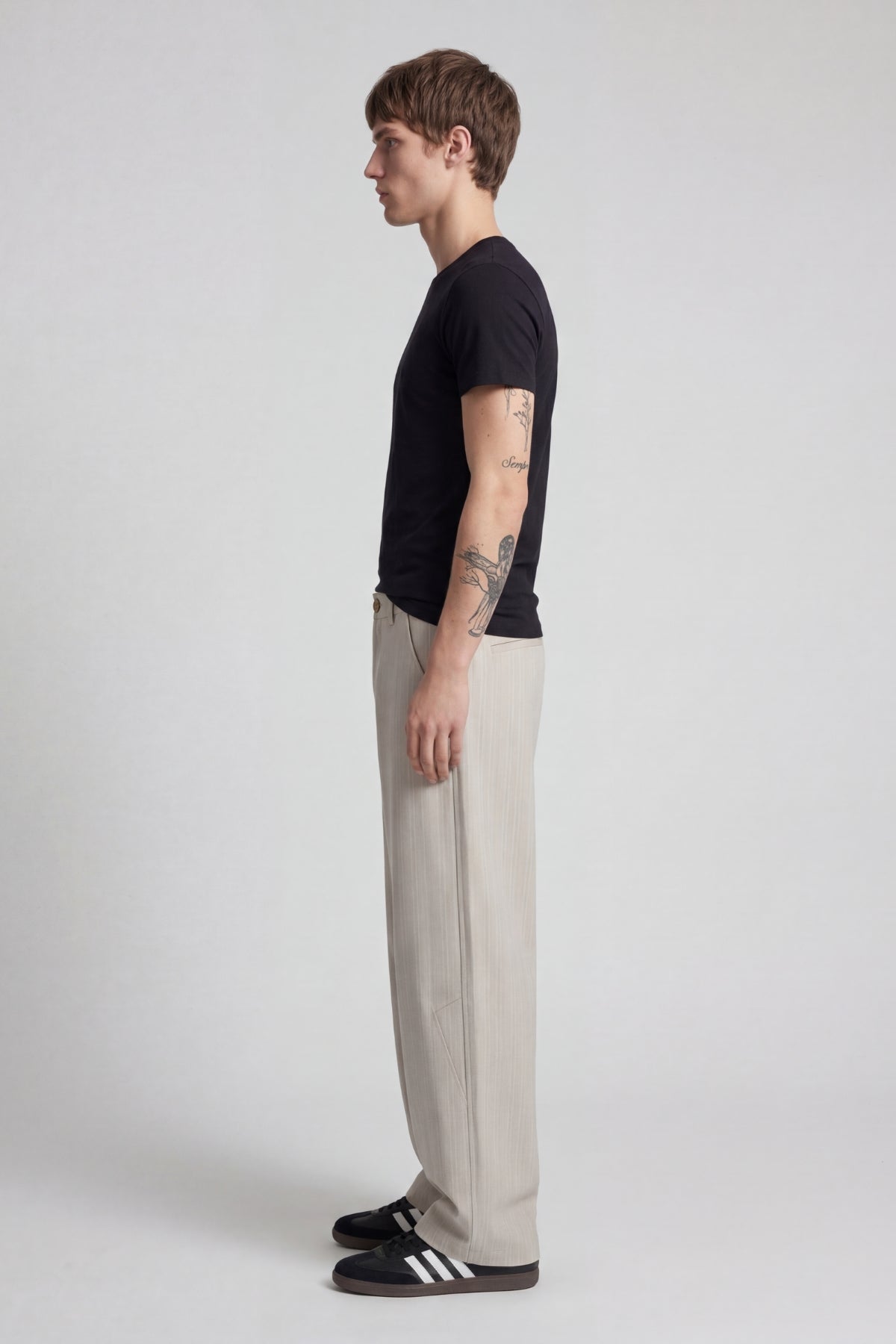 BEIGE PINSTRIPE WIDE LEG PANTS