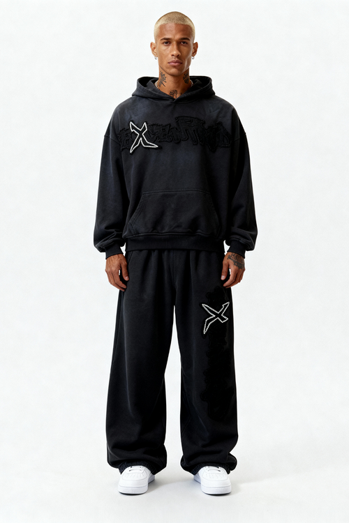 RHINESTONE HOODIE CARBON BLACK