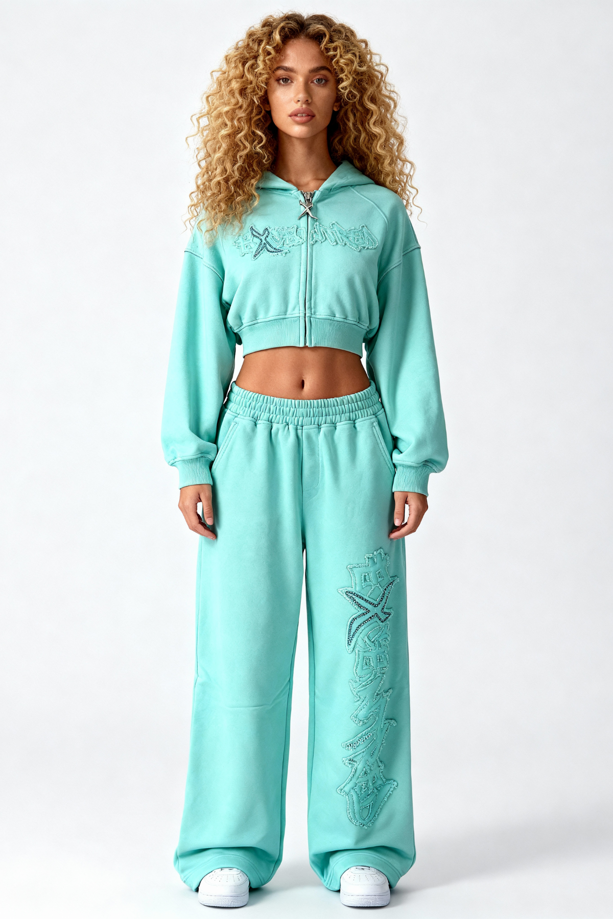 DISTRESSED CROPPED ZIP HOODIE CRYSTAL TIFFANY