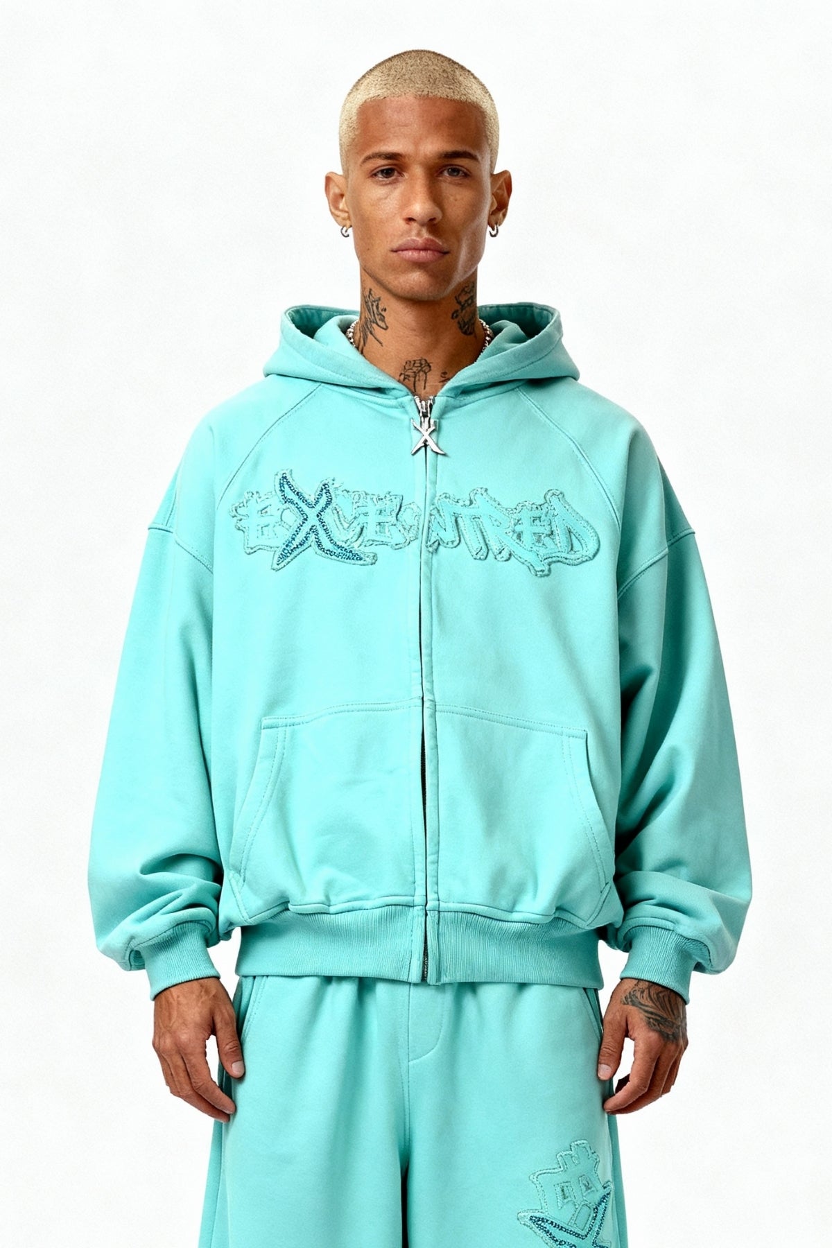 DISTRESSED ZIP HOODIE CRYSTAL TIFFANY
