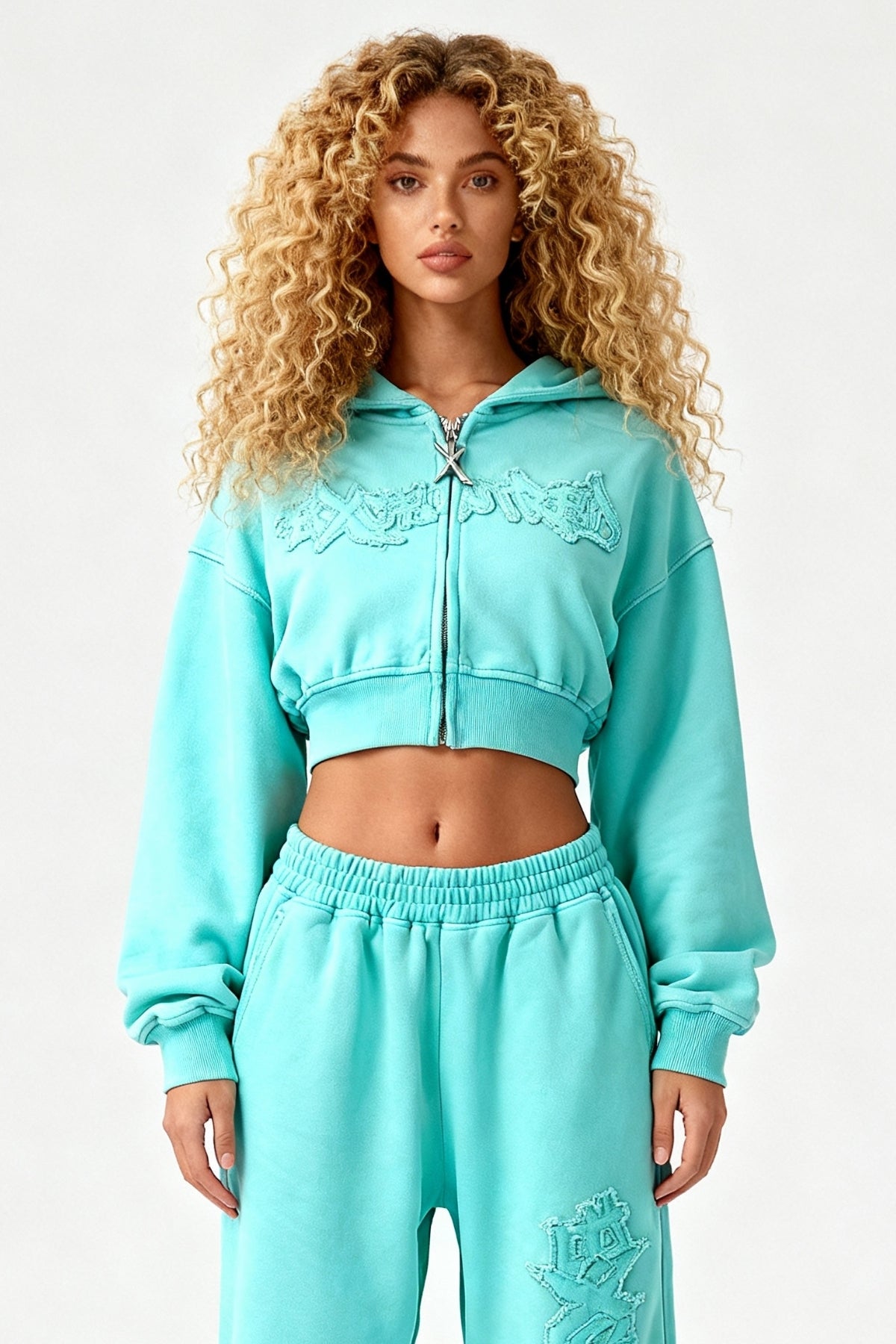 DISTRESSED CROPPED ZIP HOODIE CRYSTAL TIFFANY