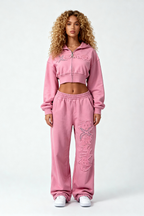 DISTRESSED CROPPED ZIP HOODIE SAKURA PINK