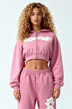 DISTRESSED CROPPED ZIP HOODIE SAKURA PINK