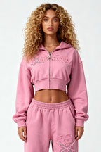 DISTRESSED CROPPED ZIP HOODIE SAKURA PINK