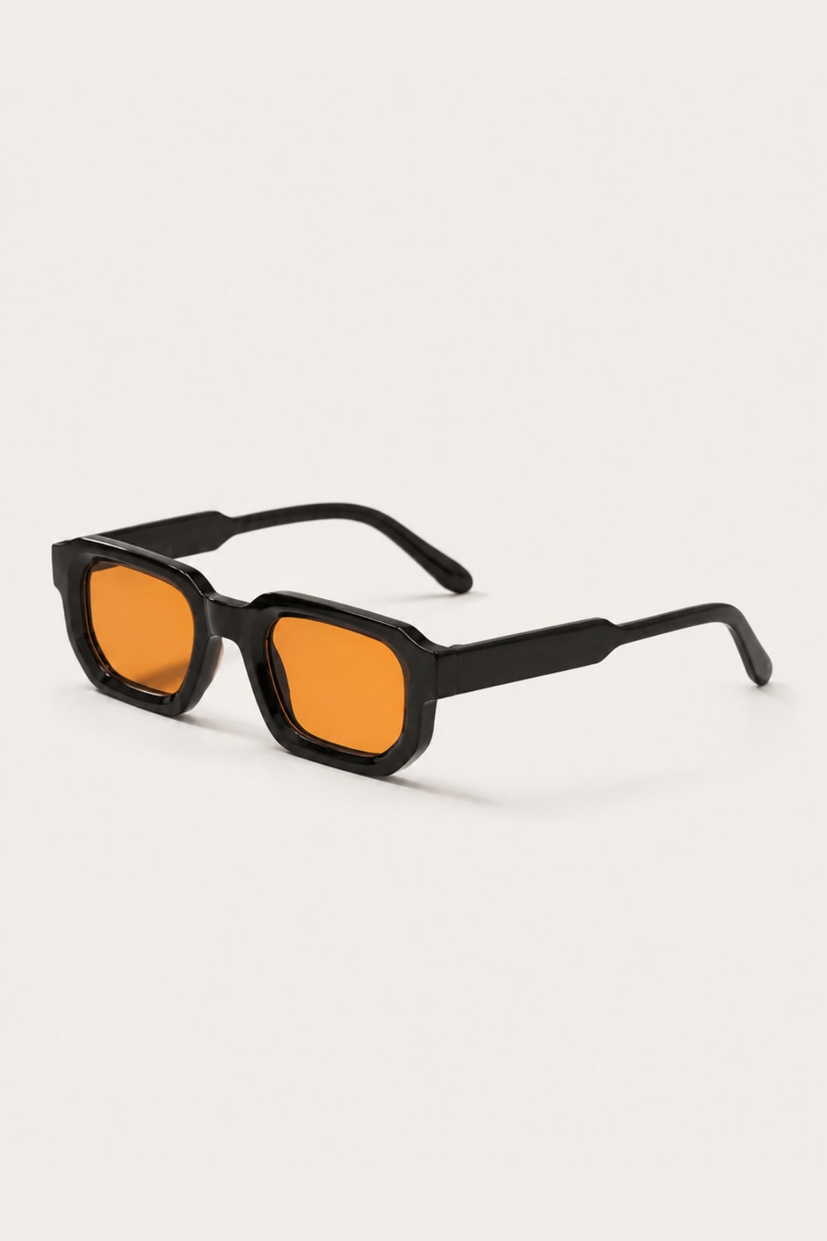 AMBER BLOCK SUNGLASSES – black block frame sunglasses with amber orange lenses, side view