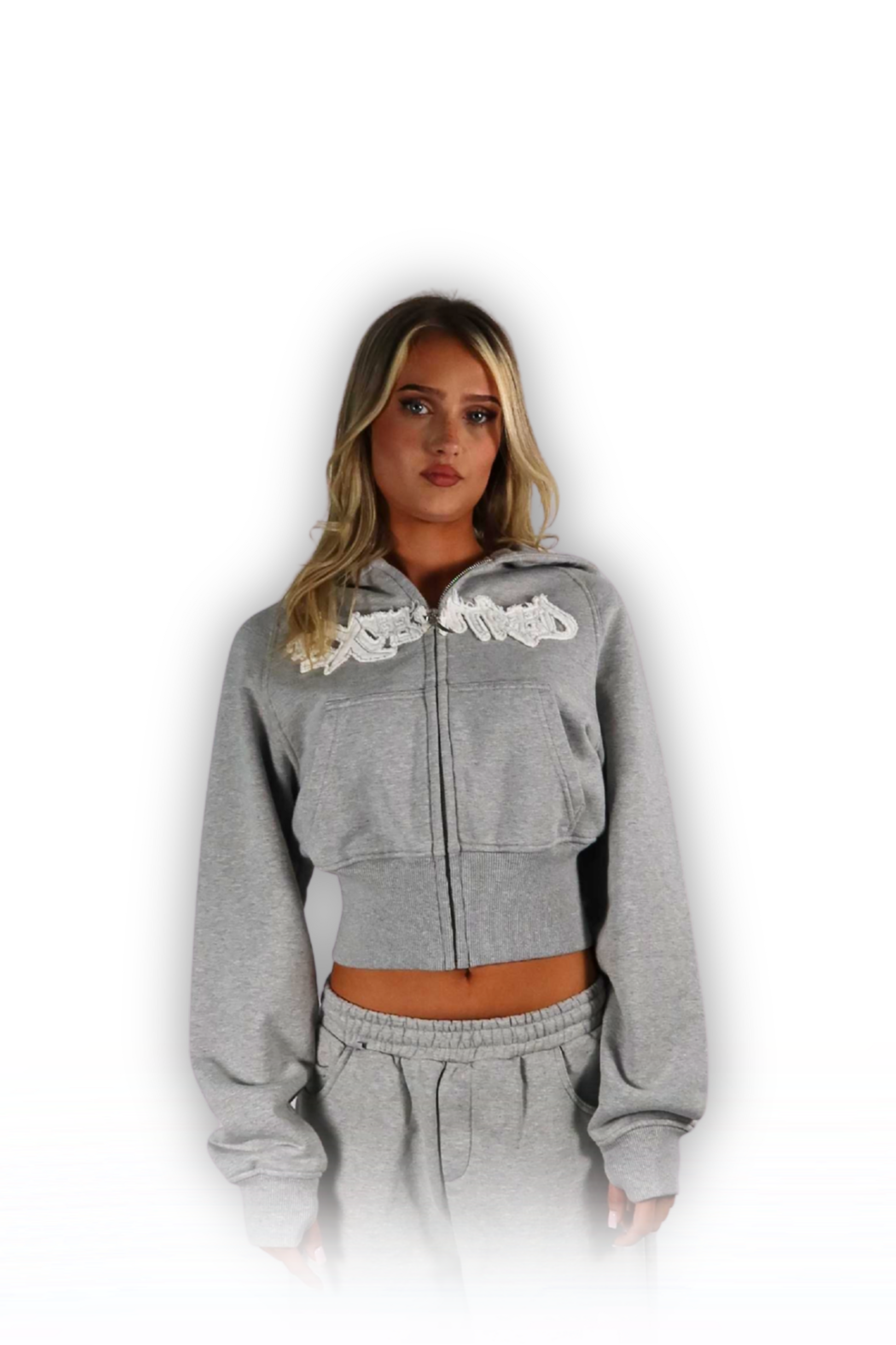 DISTRESSED CROPPED ZIP HOODIE GREY