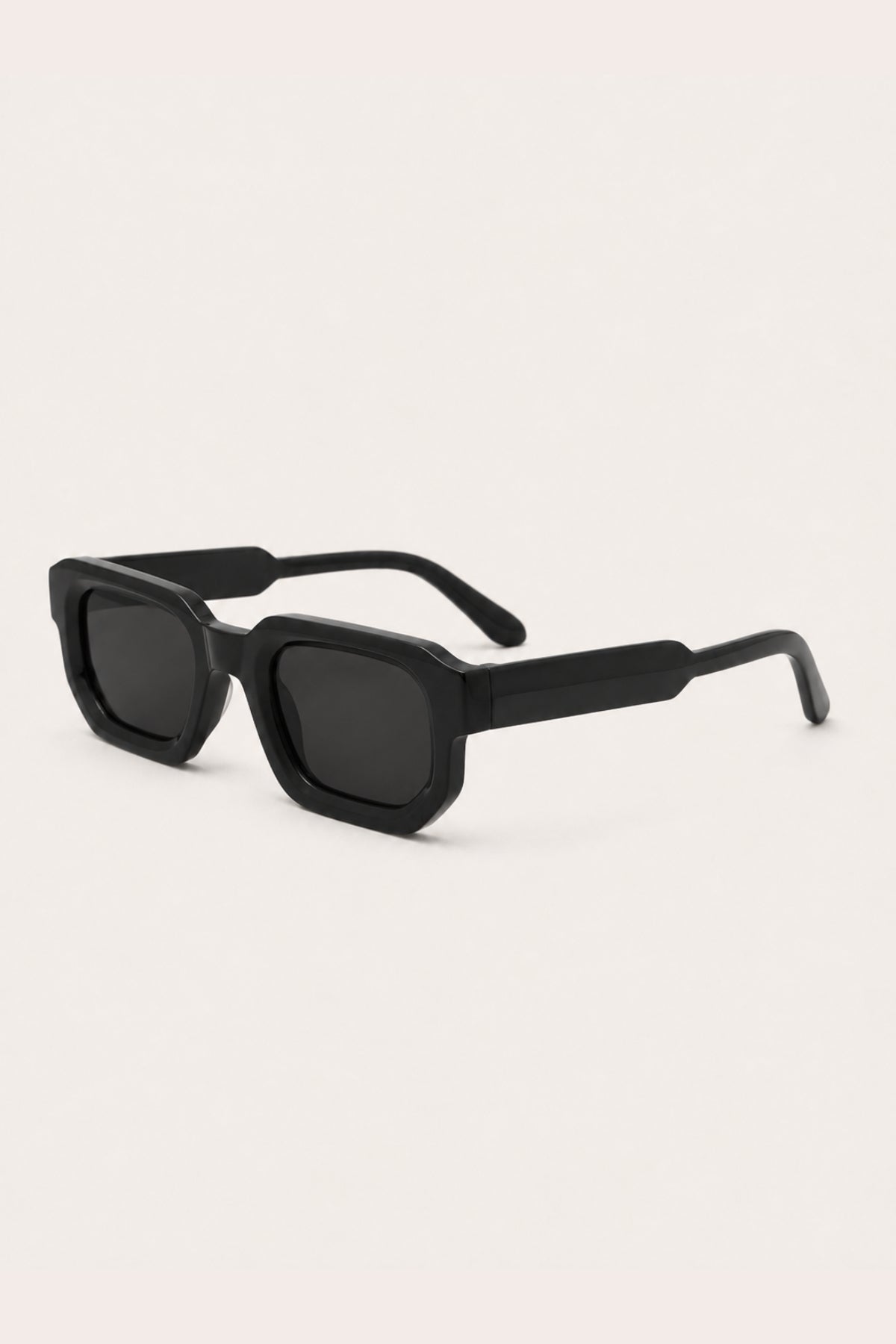 BLACKOUT BLOCK SUNGLASSES – all-black block frame sunglasses with dark lenses, side view