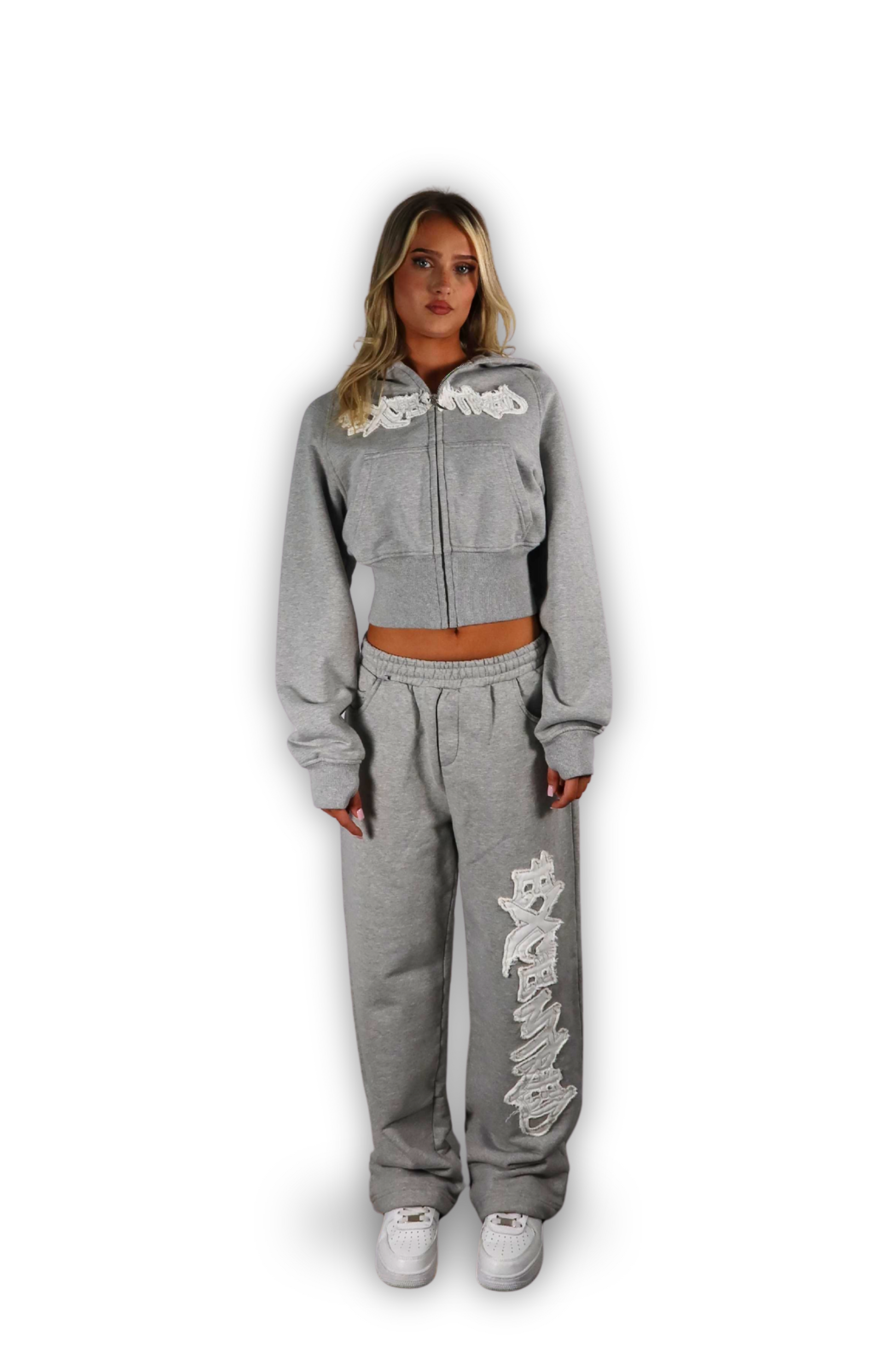 DISTRESSED CROPPED ZIP HOODIE GREY