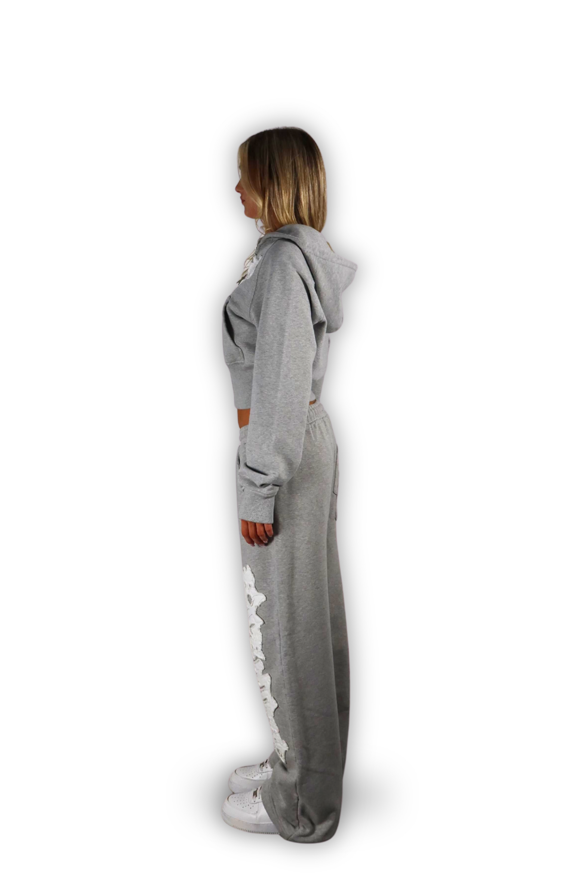 DISTRESSED CROPPED ZIP HOODIE GREY