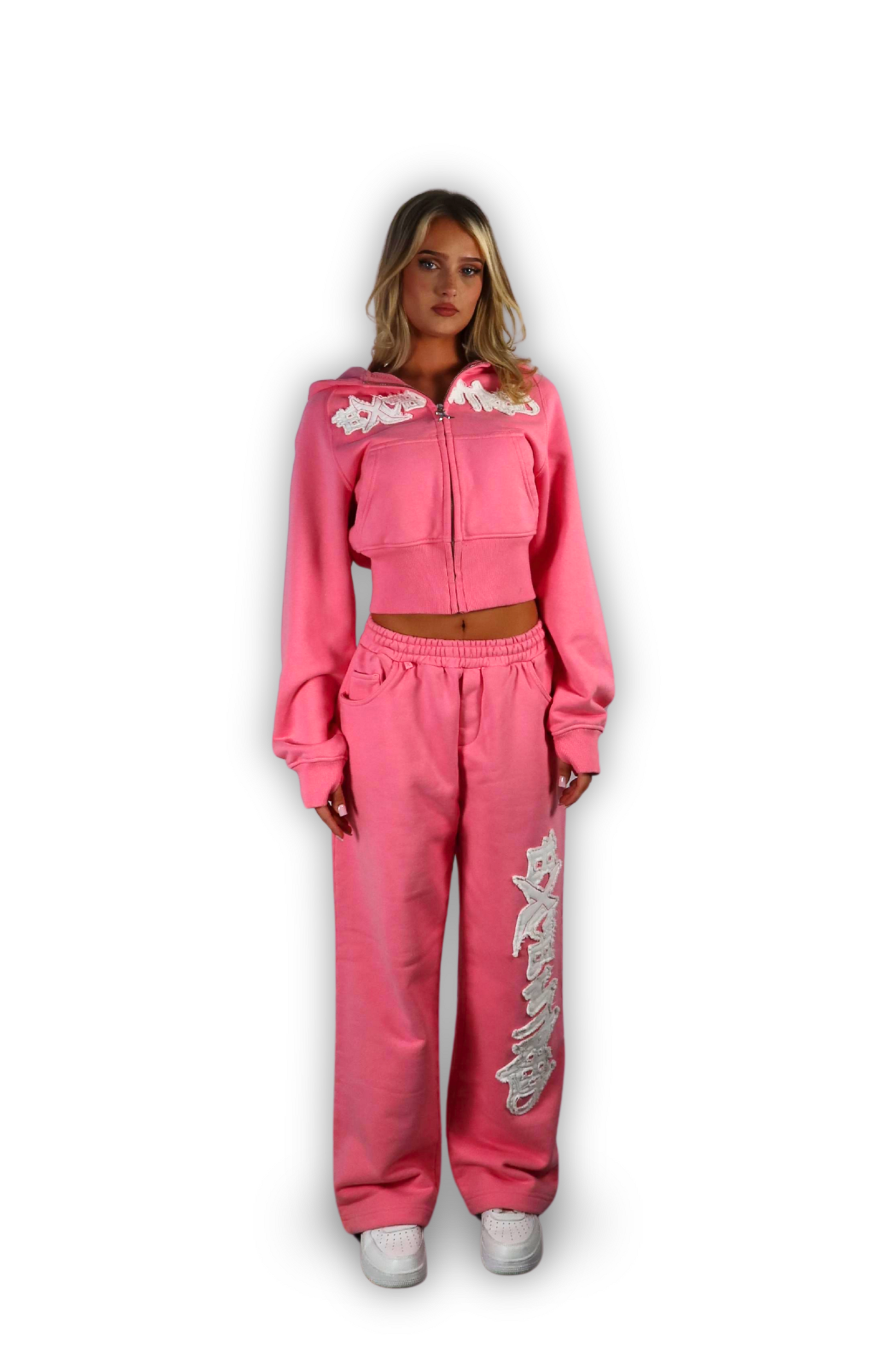 DISTRESSED CROPPED ZIP HOODIE PINK