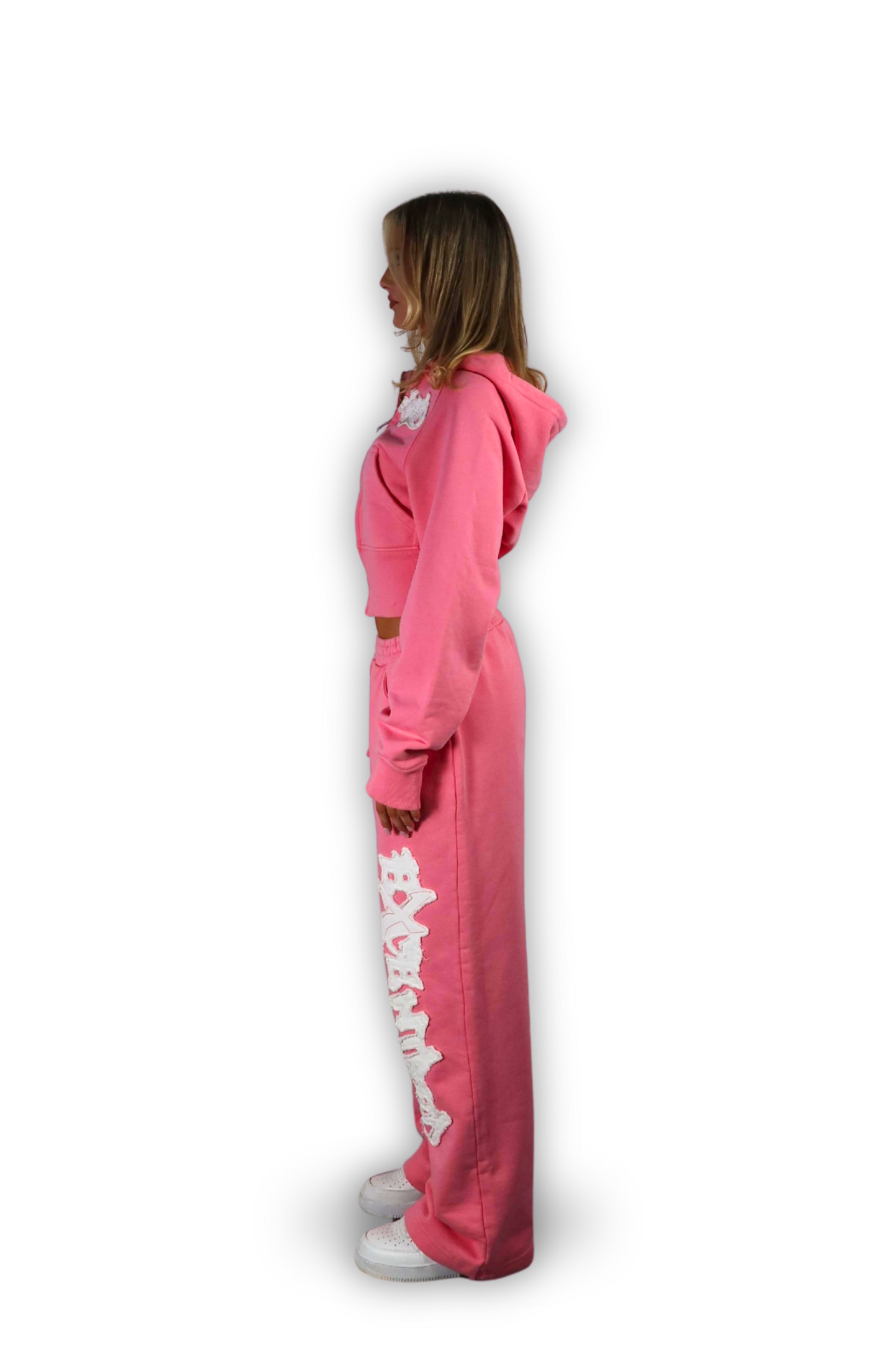 DISTRESSED CROPPED ZIP HOODIE PINK