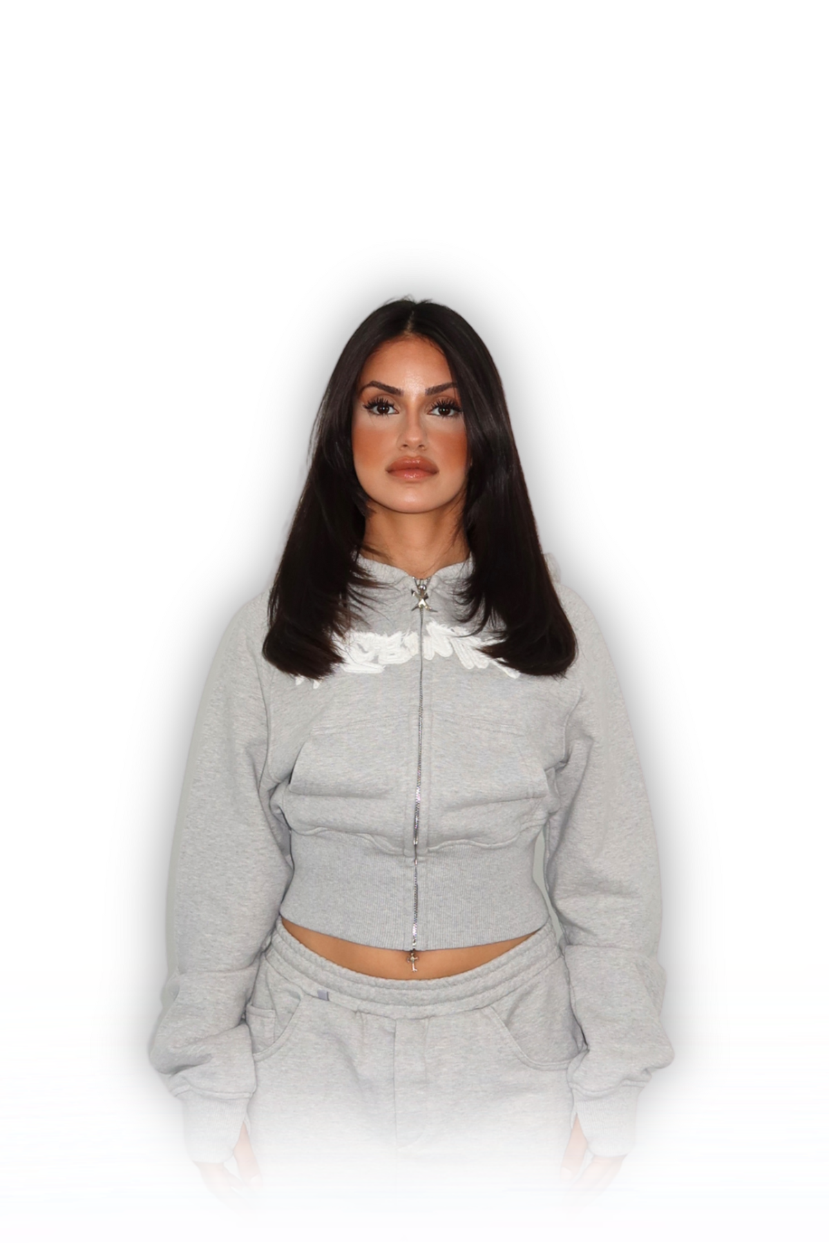 DISTRESSED CROPPED ZIP HOODIE GREY