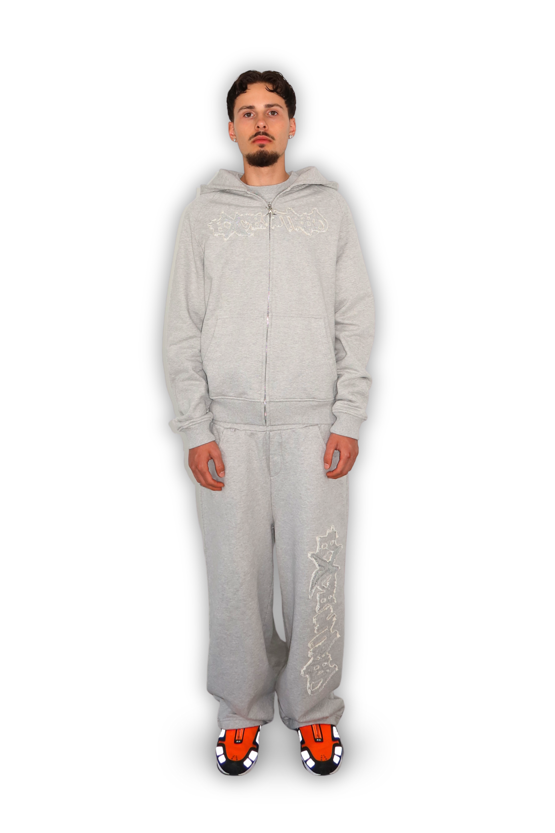 DISTRESSED ZIP HOODIE GREY
