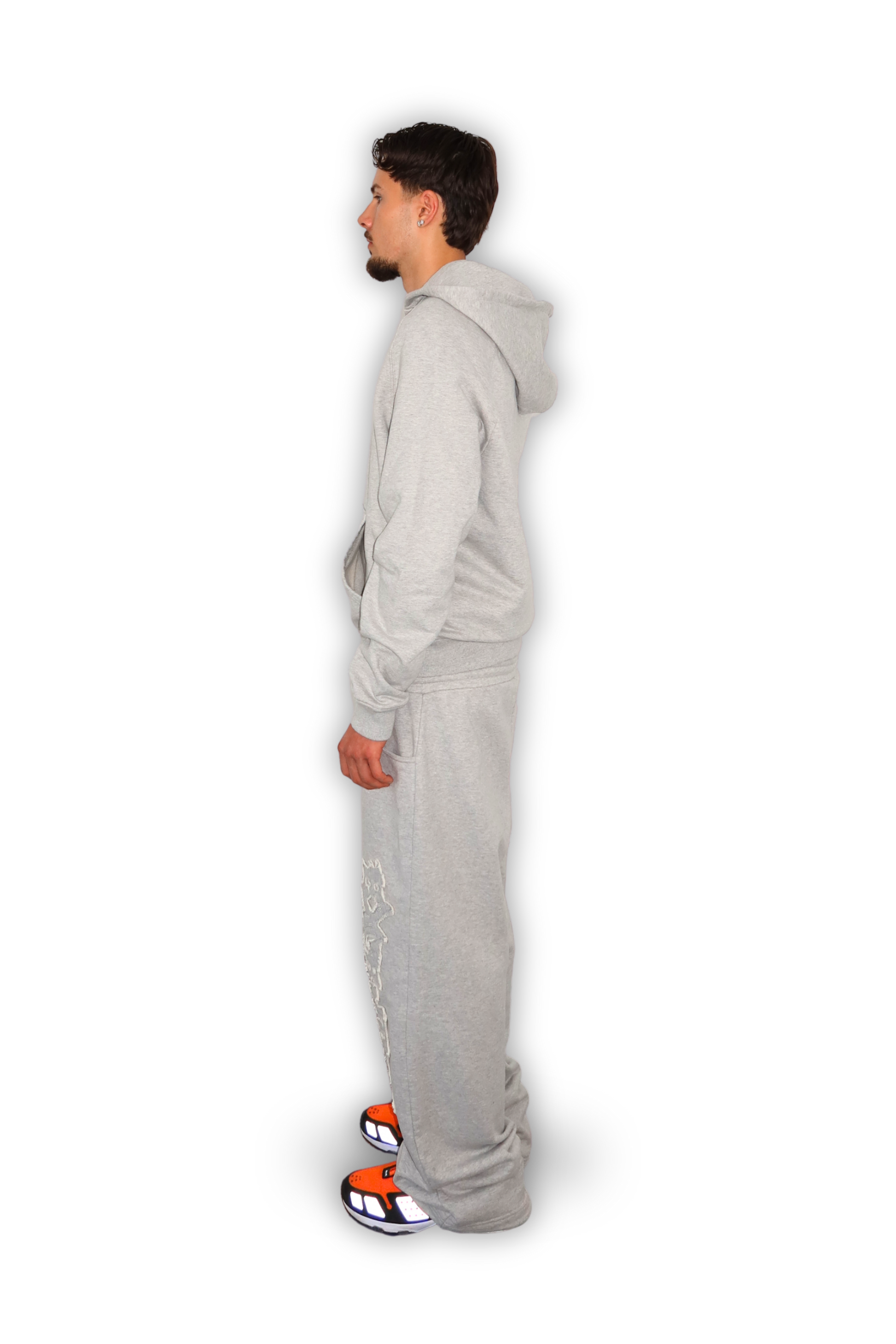 DISTRESSED ZIP HOODIE GREY