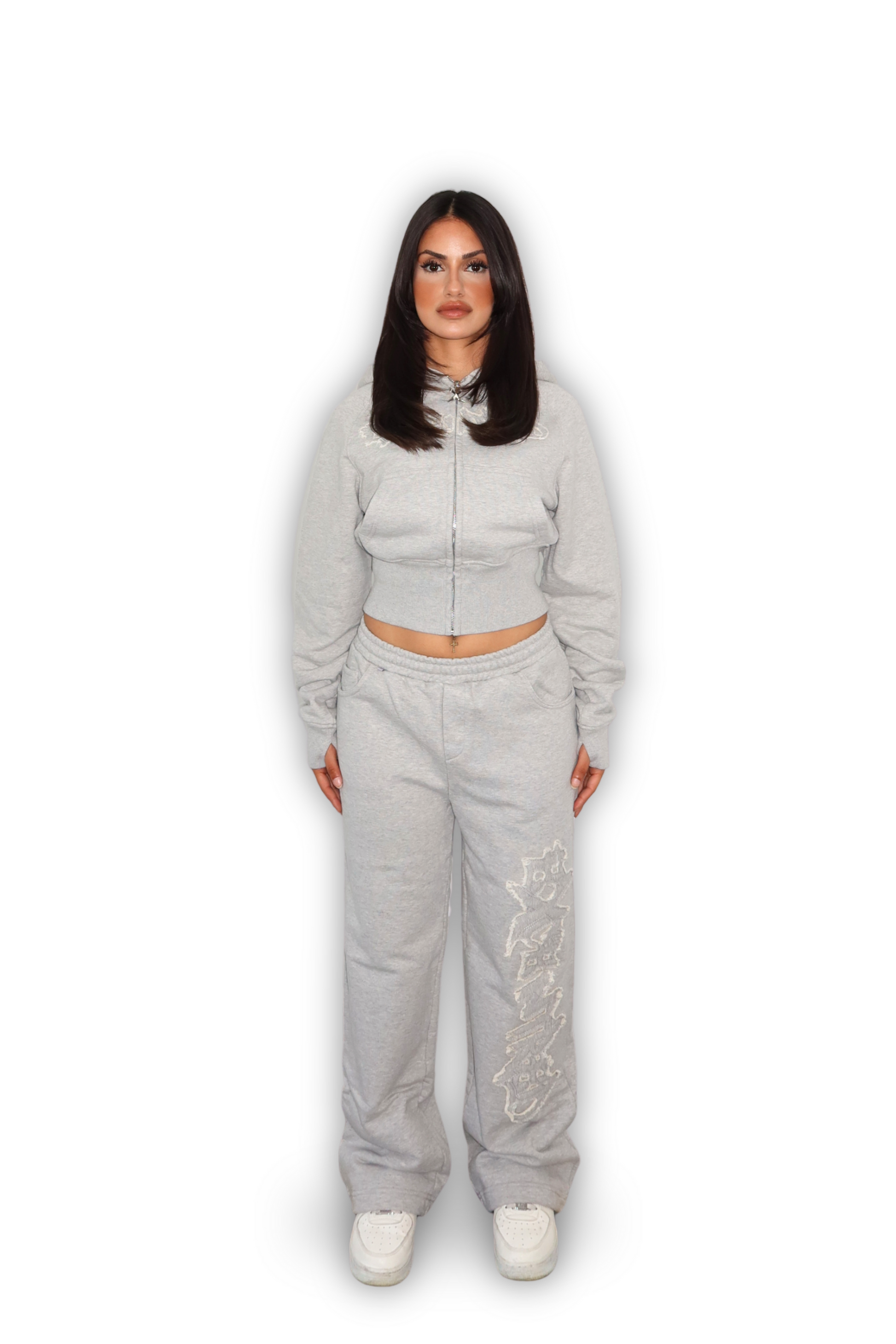 DISTRESSED CROPPED ZIP HOODIE GREY