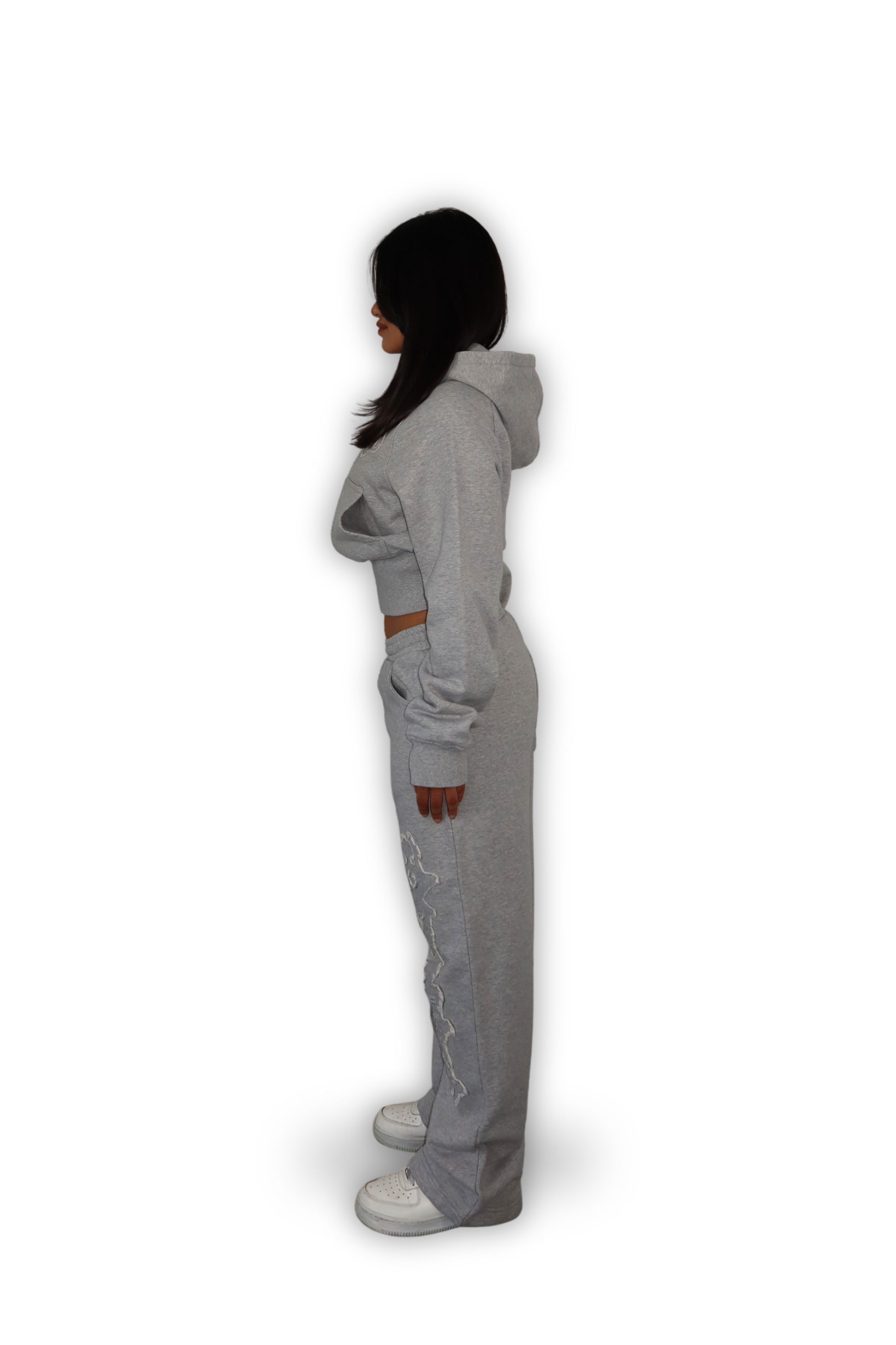 DISTRESSED CROPPED ZIP HOODIE GREY