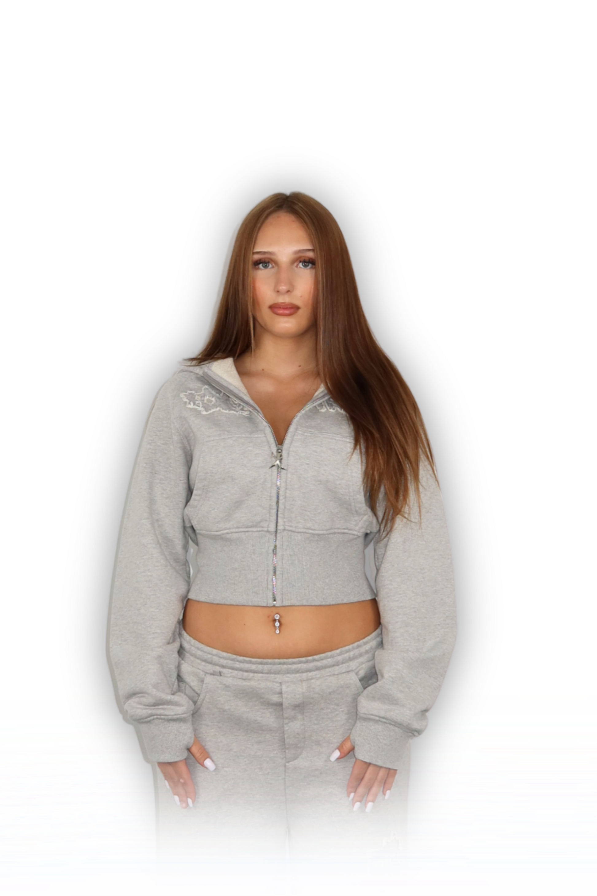 DISTRESSED CROPPED ZIP HOODIE SMOKE GREY