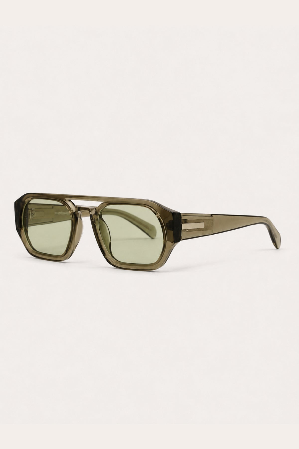 OLIVE FRAME SUNGLASSES – translucent olive green double-bridge sunglasses with green lenses, side view