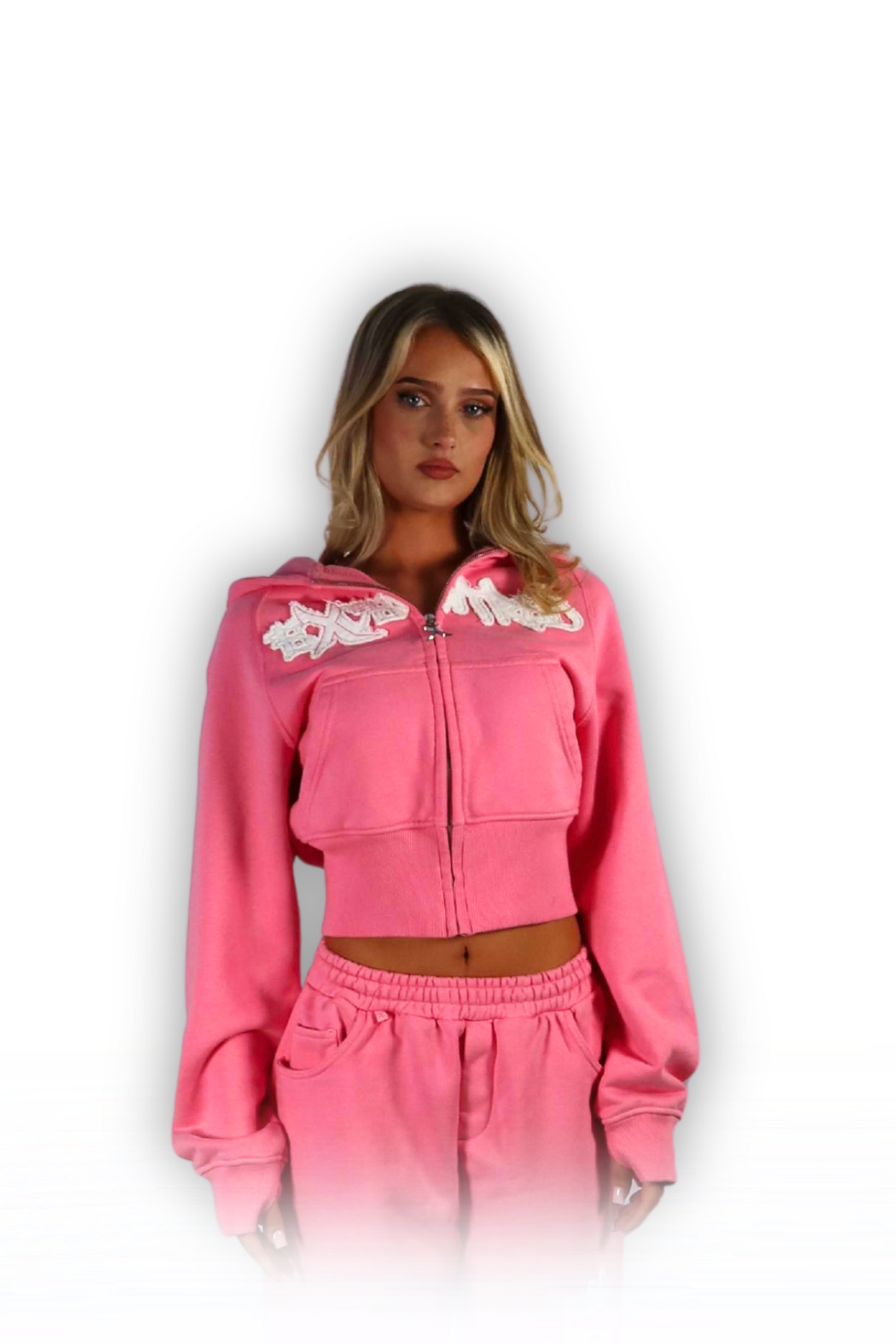 DISTRESSED CROPPED ZIP HOODIE PINK
