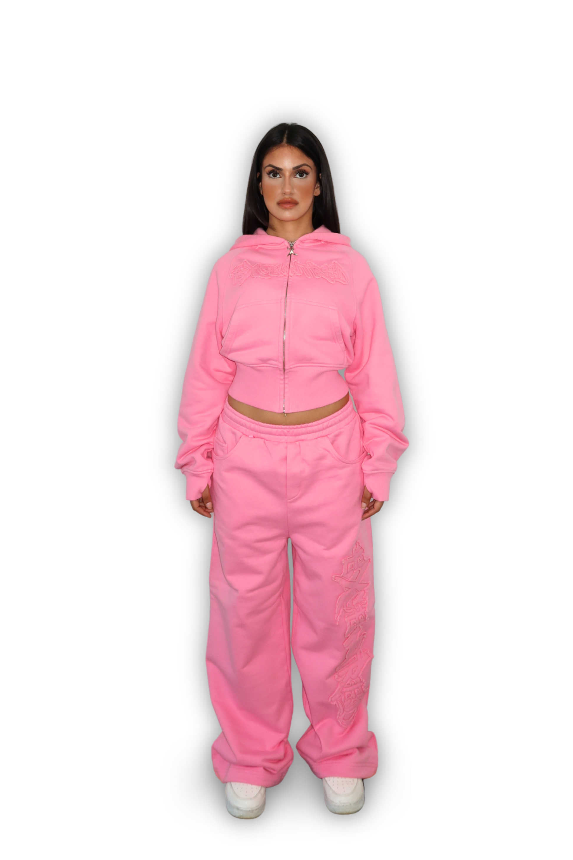 DISTRESSED CROPPED ZIP HOODIE PINK