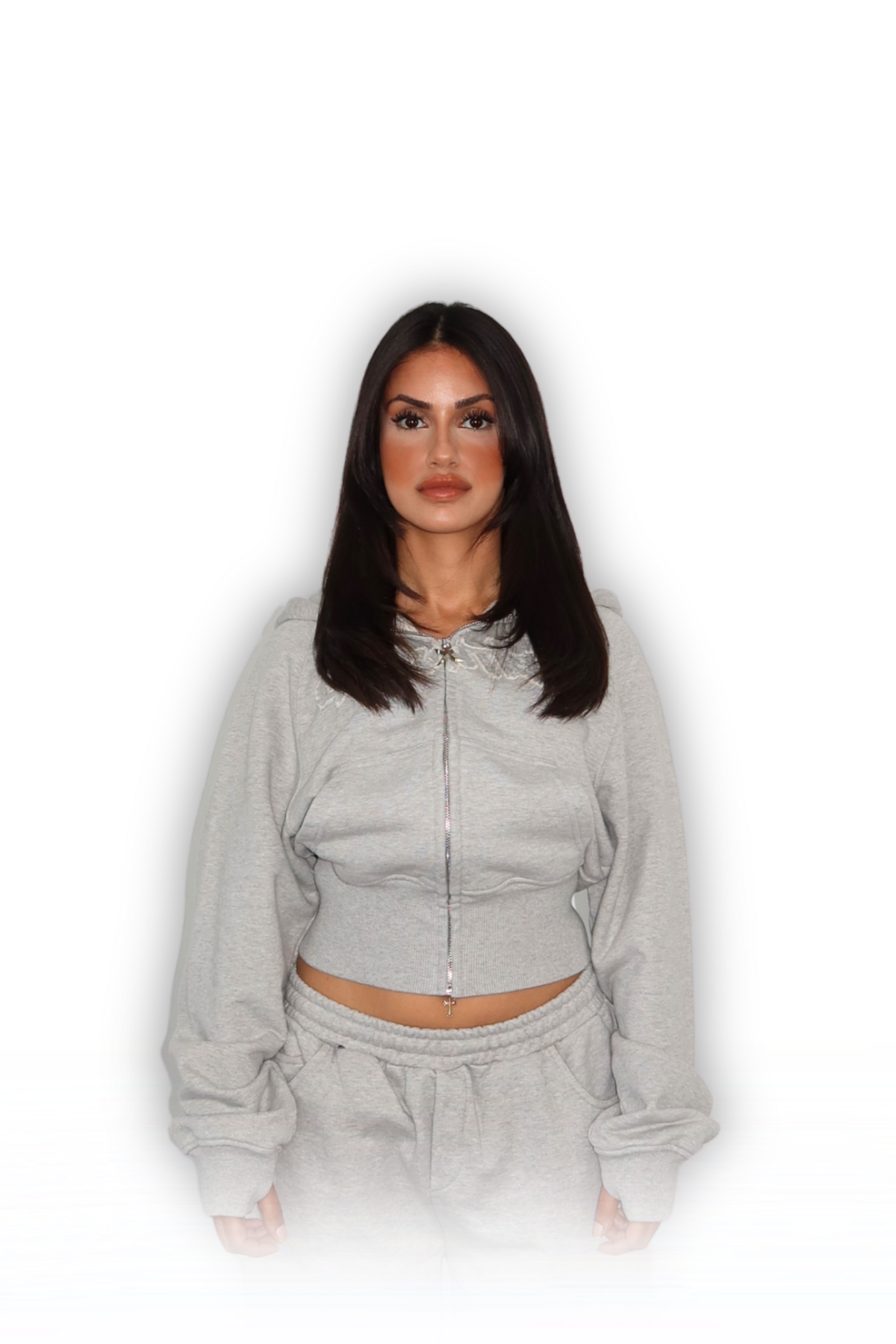 DISTRESSED CROPPED ZIP HOODIE GREY