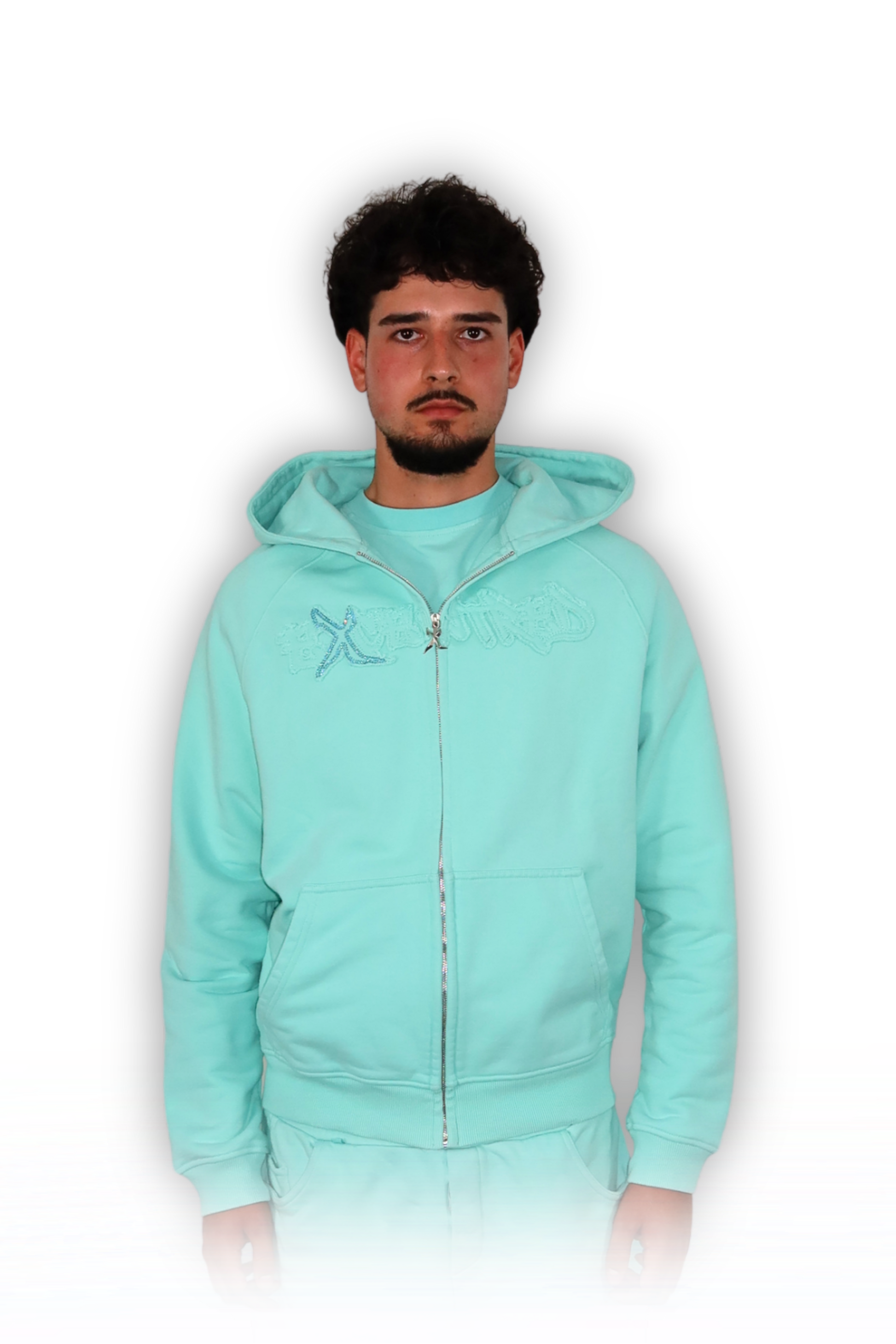 DISTRESSED ZIP HOODIE TIFFANY