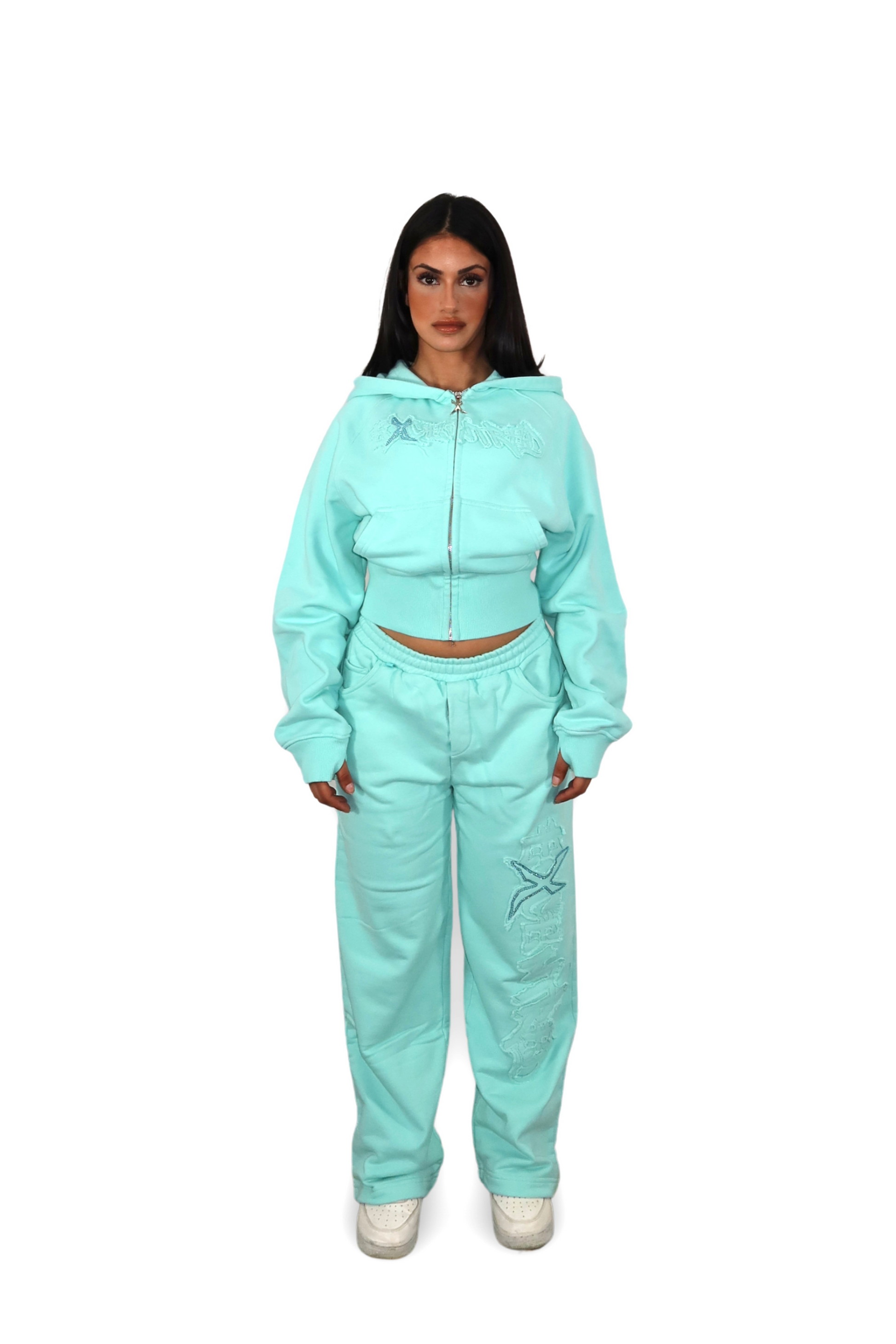DISTRESSED CROPPED ZIP HOODIE TIFFANY