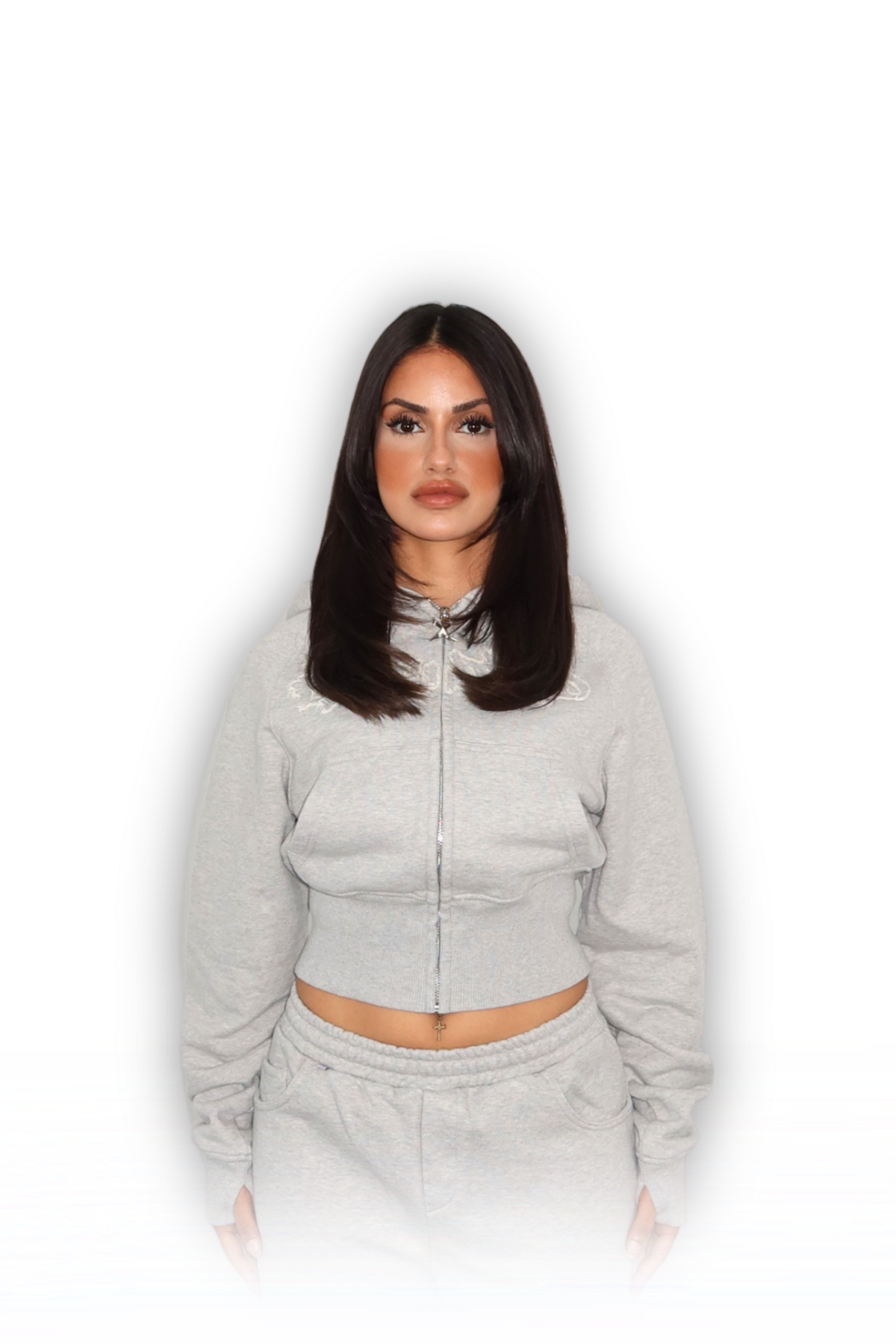 DISTRESSED CROPPED ZIP HOODIE GREY