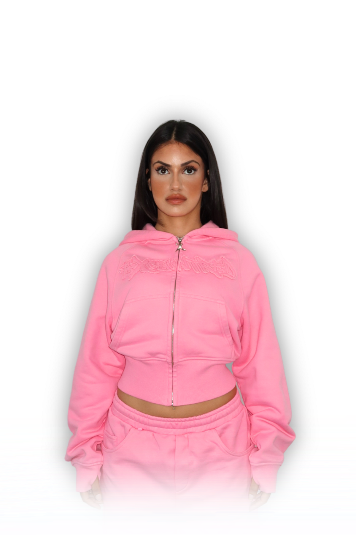 DISTRESSED CROPPED ZIP HOODIE PINK