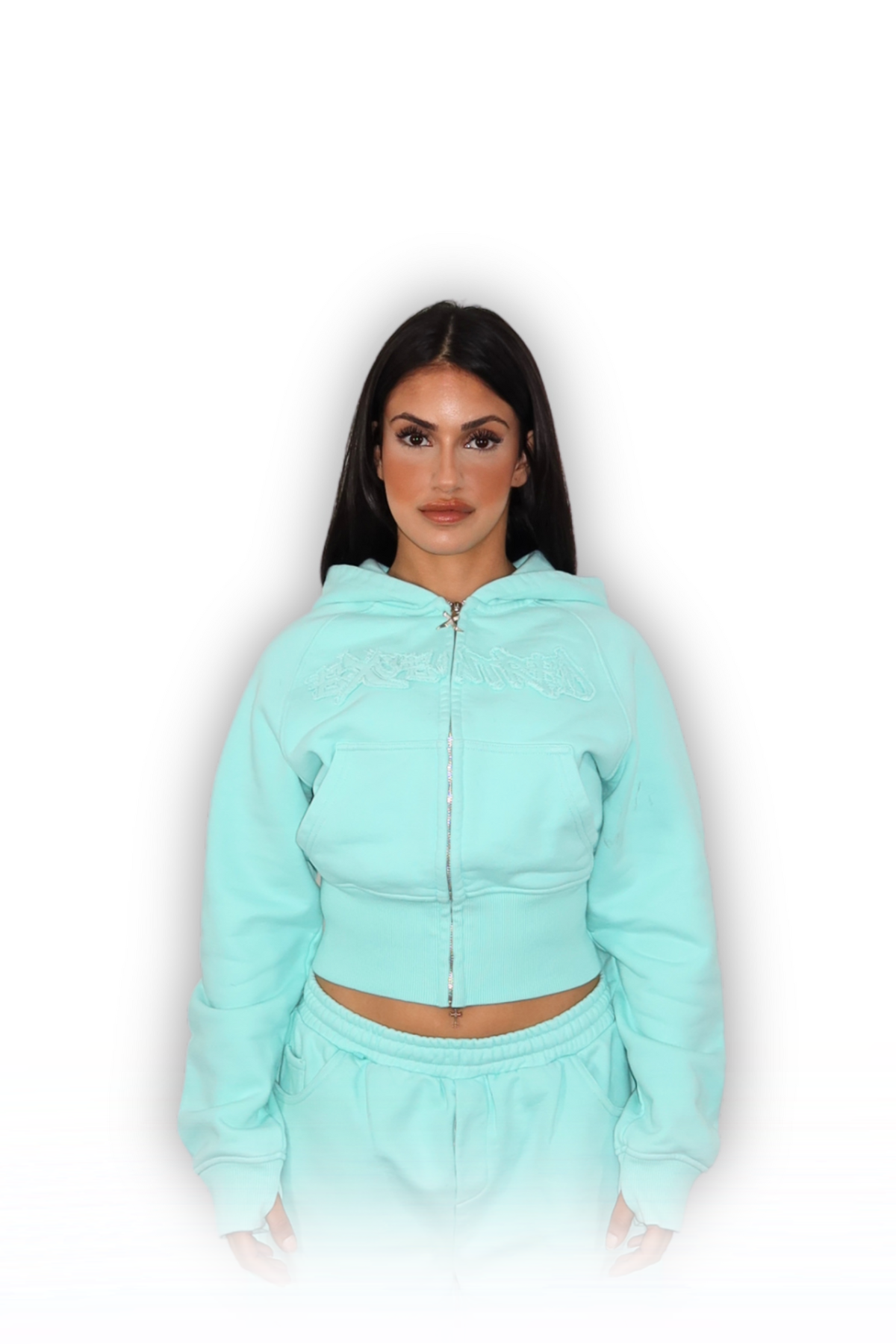 DISTRESSED CROPPED ZIP HOODIE TIFFANY