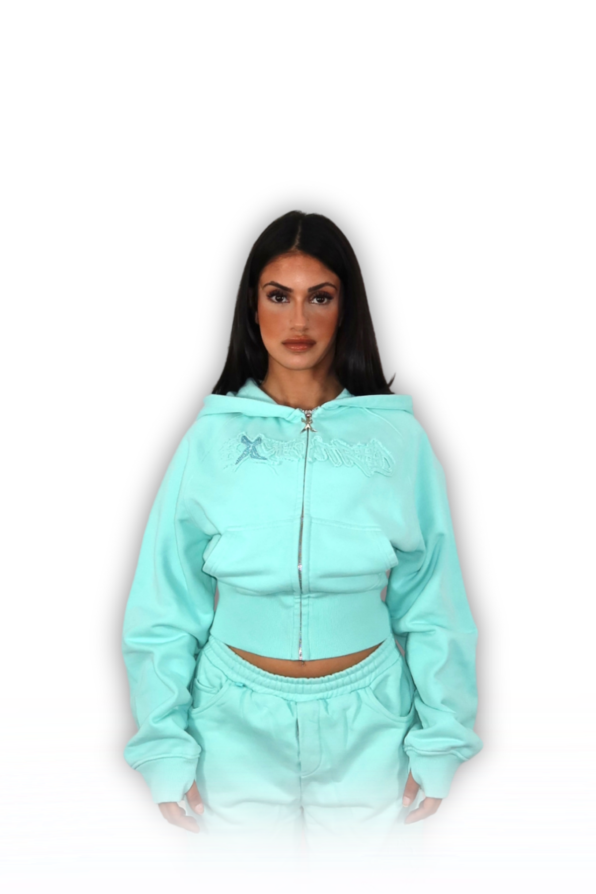 DISTRESSED CROPPED ZIP HOODIE TIFFANY