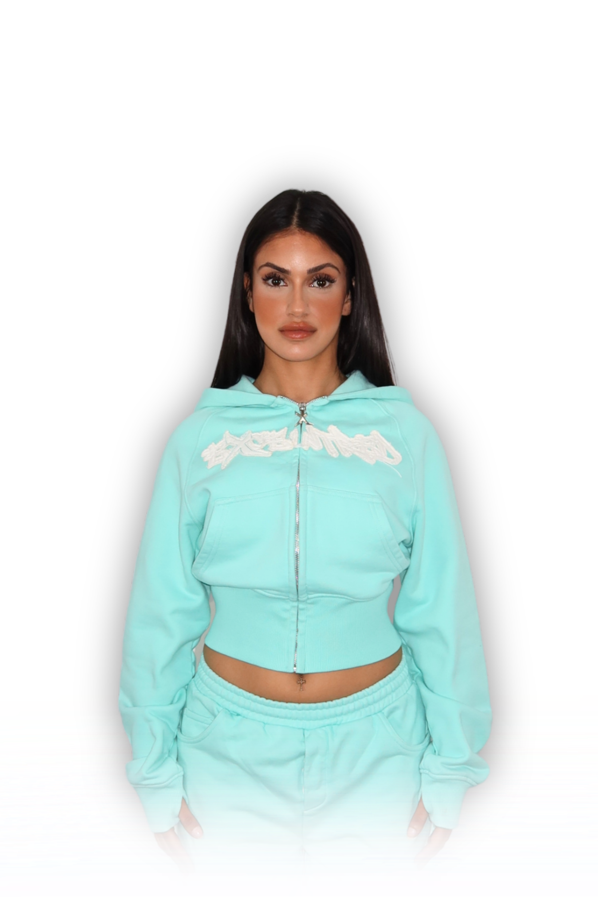 DISTRESSED CROPPED ZIP HOODIE TIFFANY